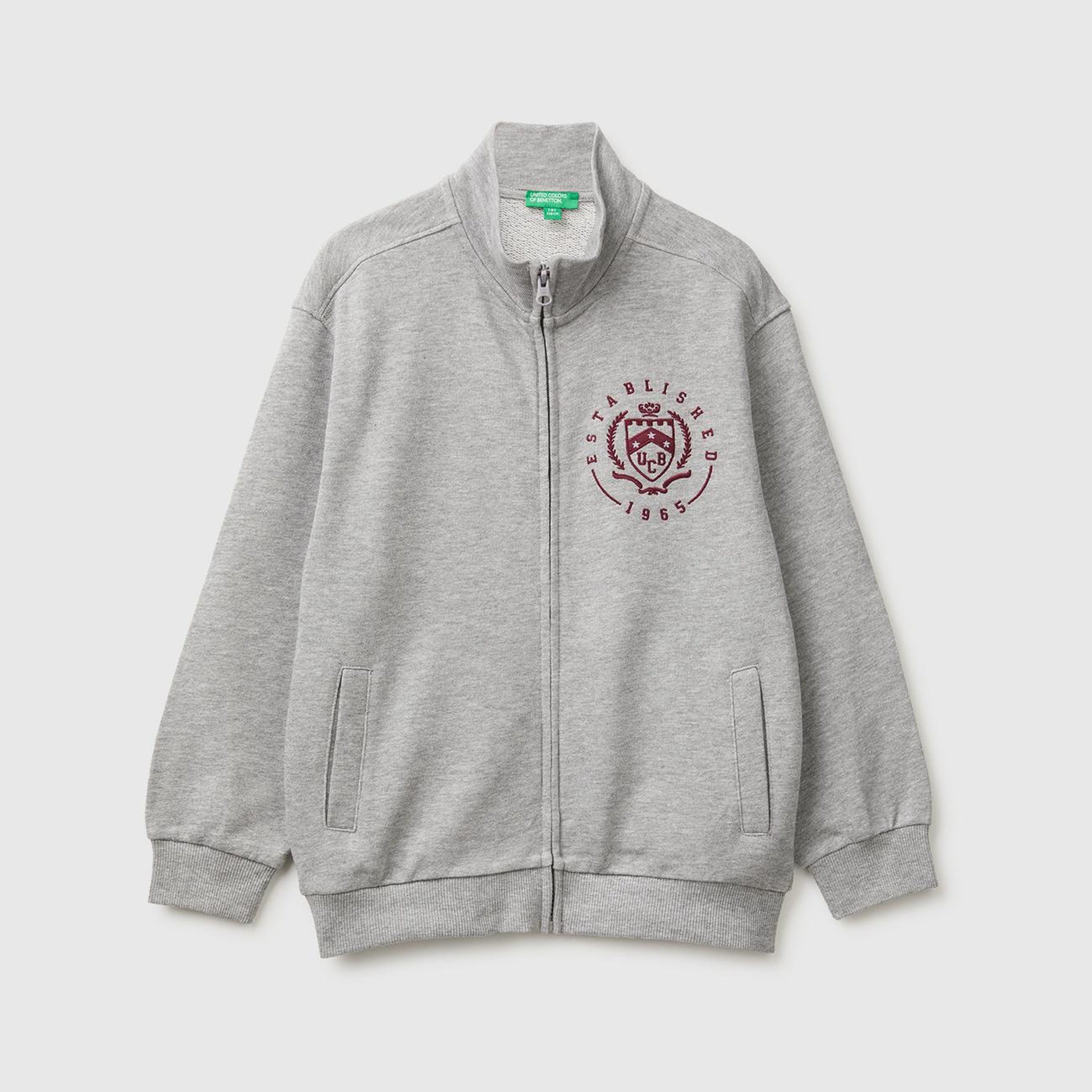 Erkek Çocuk Gri Melanj Önü İşlemeli Ribanalı Cepli Fermuarlı Dik Yaka Sweatshirt