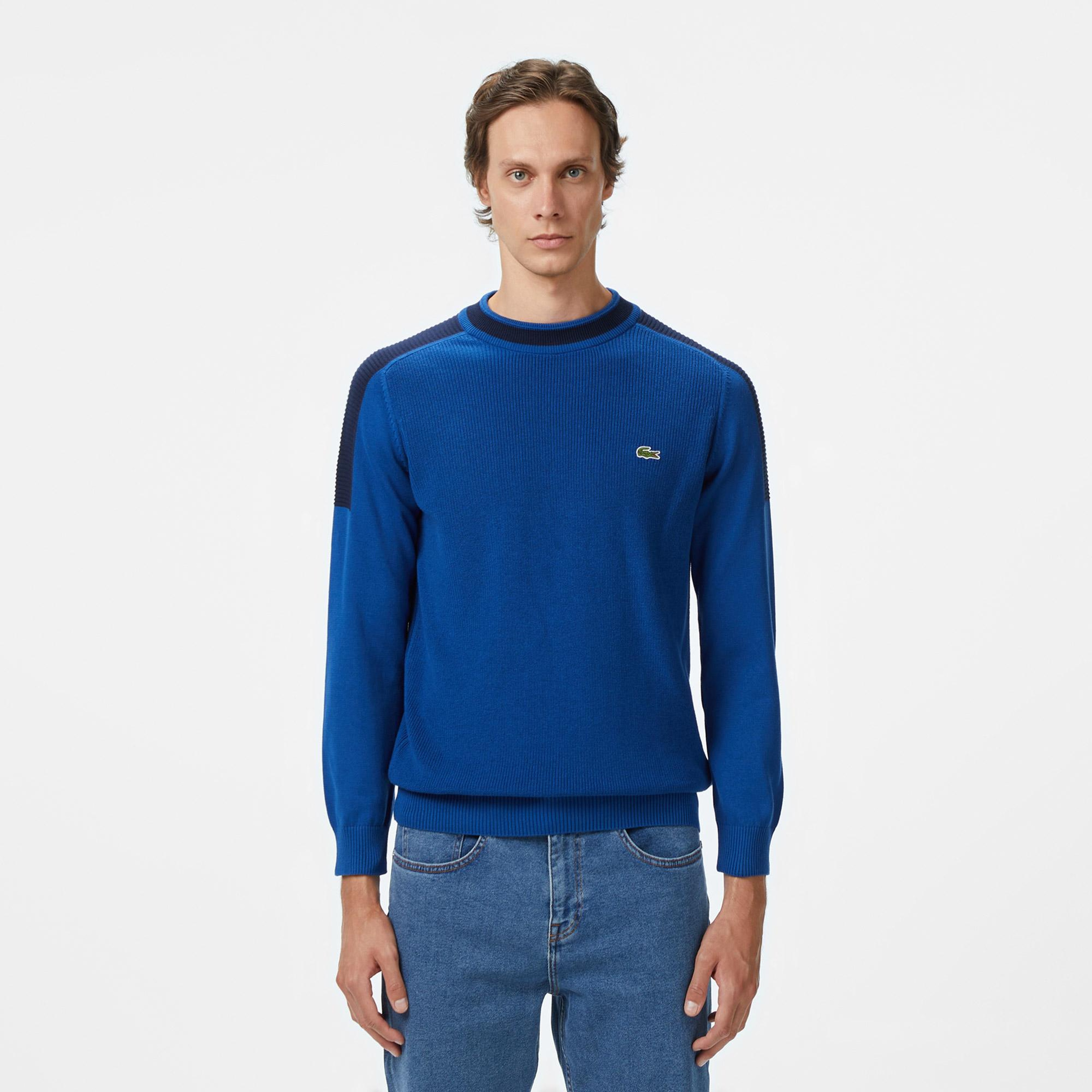 Erkek Classic Fit Bisiklet Yaka Renk Bloklu Mavi Kazak