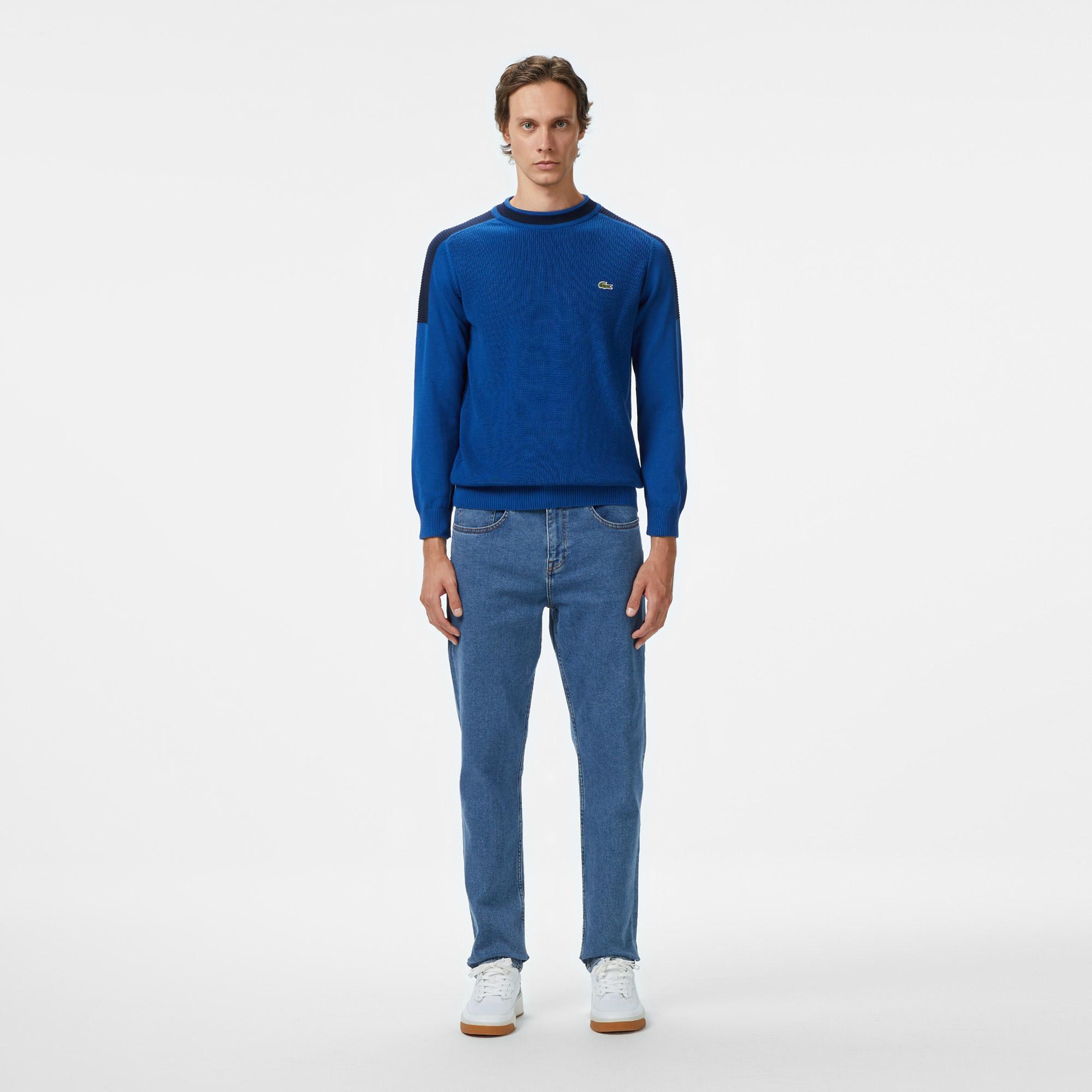 Erkek Classic Fit Bisiklet Yaka Renk Bloklu Mavi Kazak