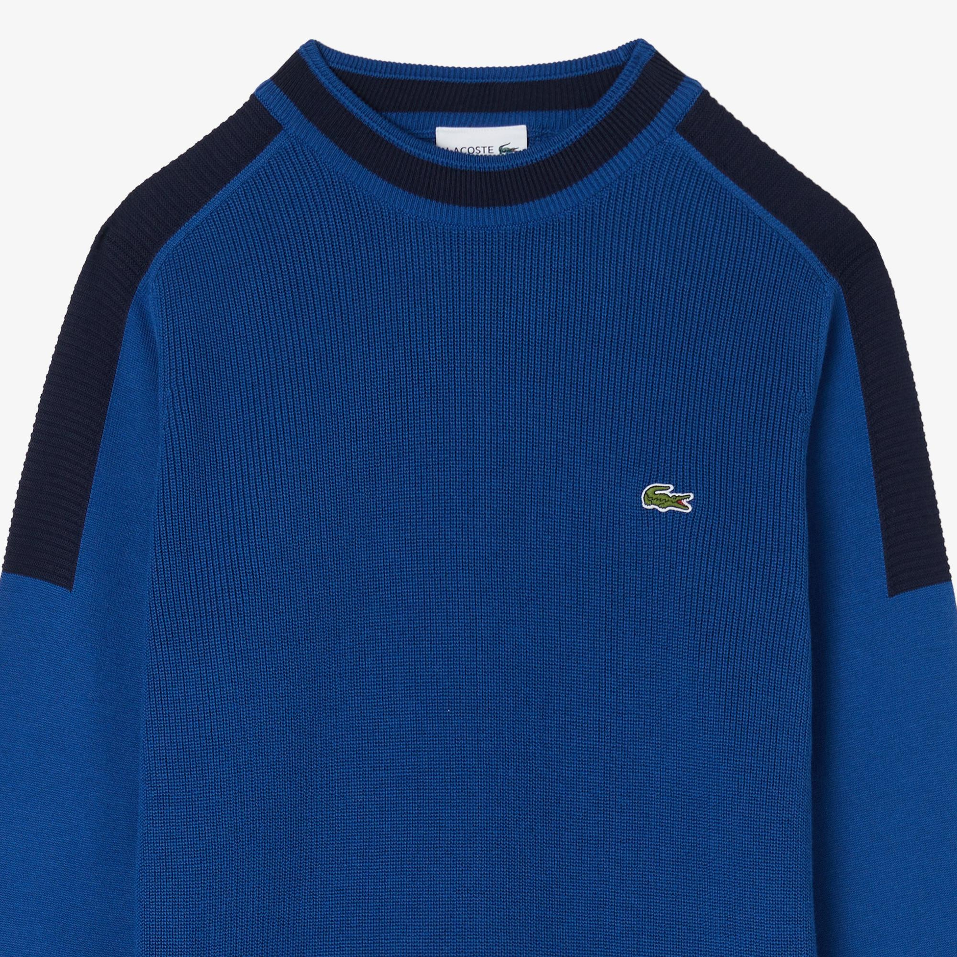 Erkek Classic Fit Bisiklet Yaka Renk Bloklu Mavi Kazak