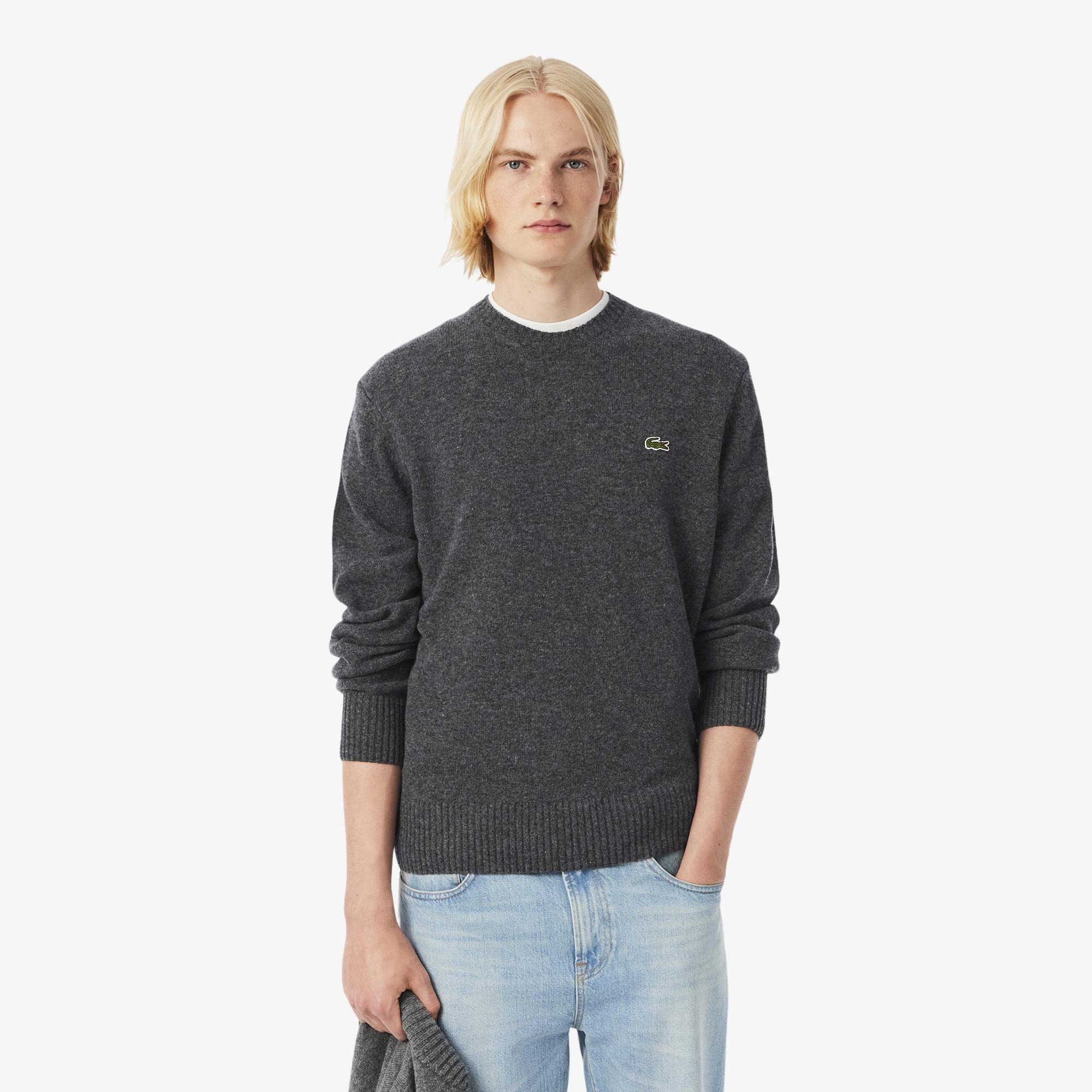 Erkek Classic Fit Bisiklet Yaka Gri Yün Kazak