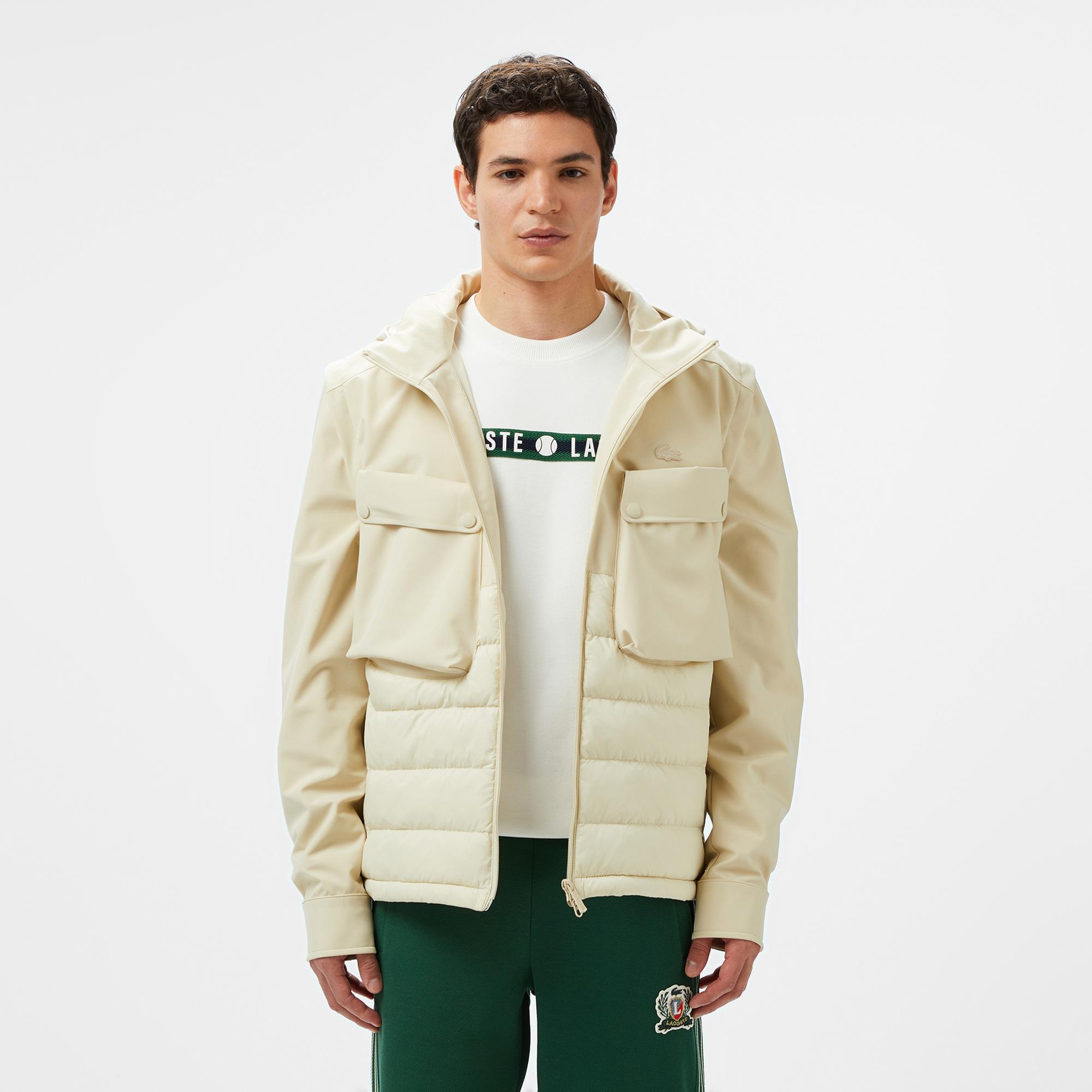 Erkek Regular Fit Kapüşonlu Baskılı Krem Mont