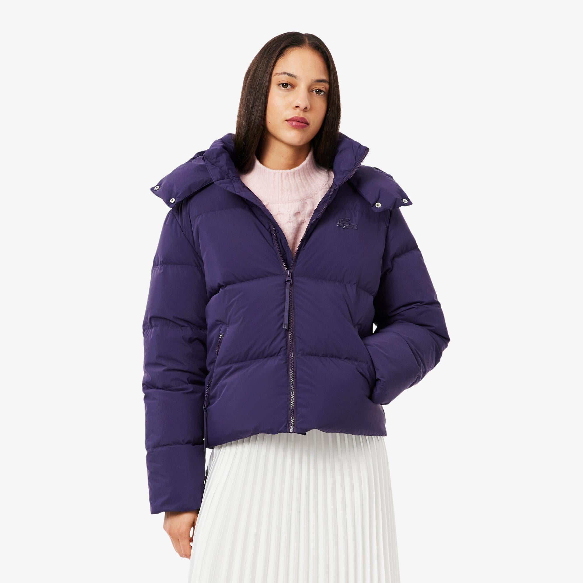 Lacoste Kadın Relaxed Fit Kapüşonlu Mor Şişme Mont