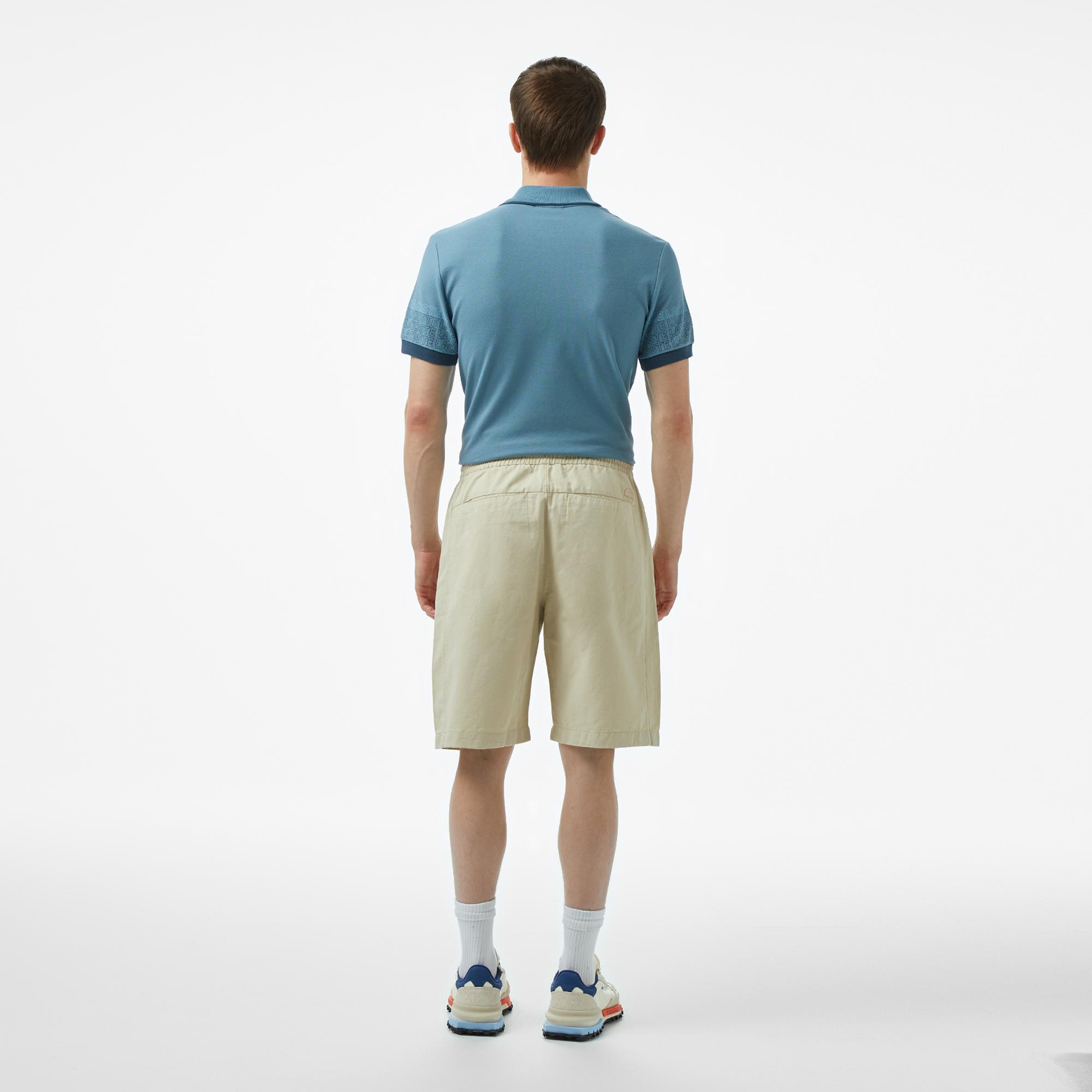 Erkek Relaxed Fit Bej Keten Karışımlı Bermuda Şort