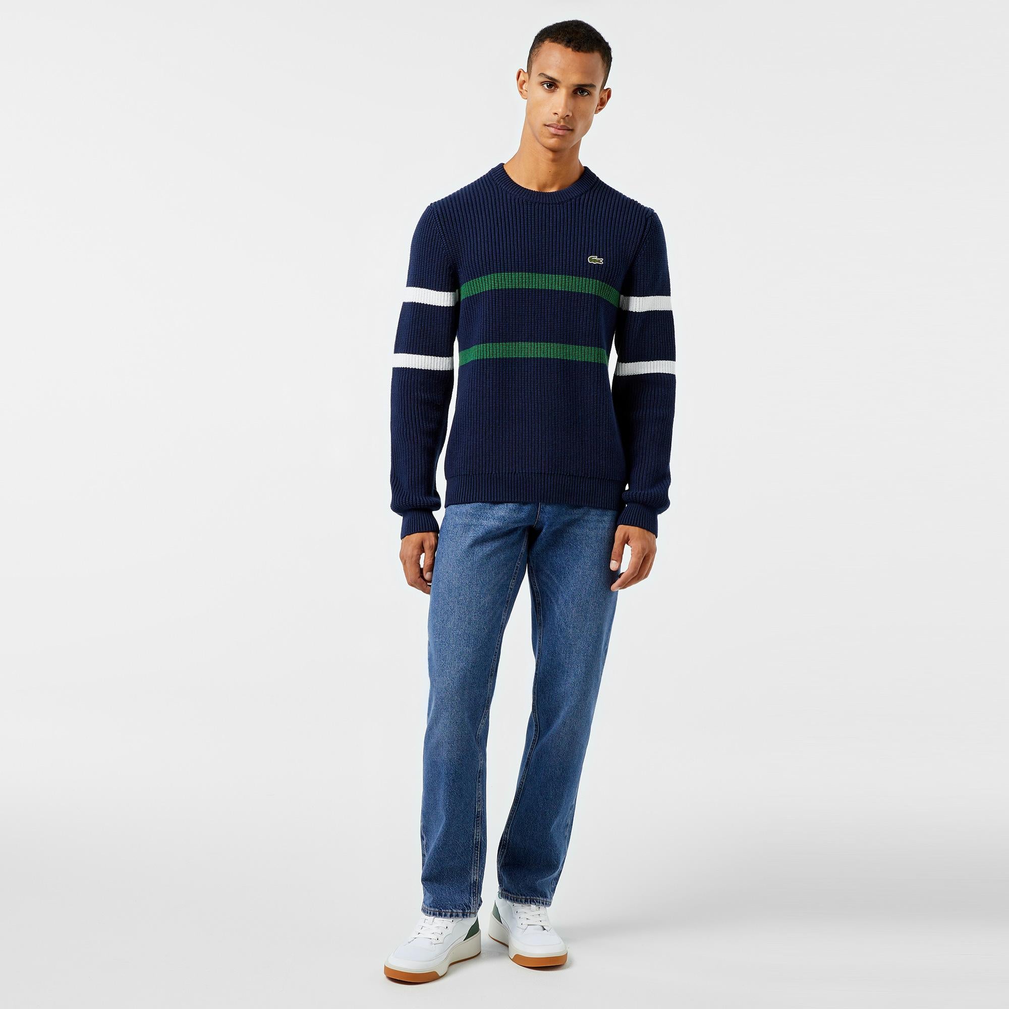 Erkek Relaxed Fit Bisiklet Yaka Çizgili Lacivert Kazak