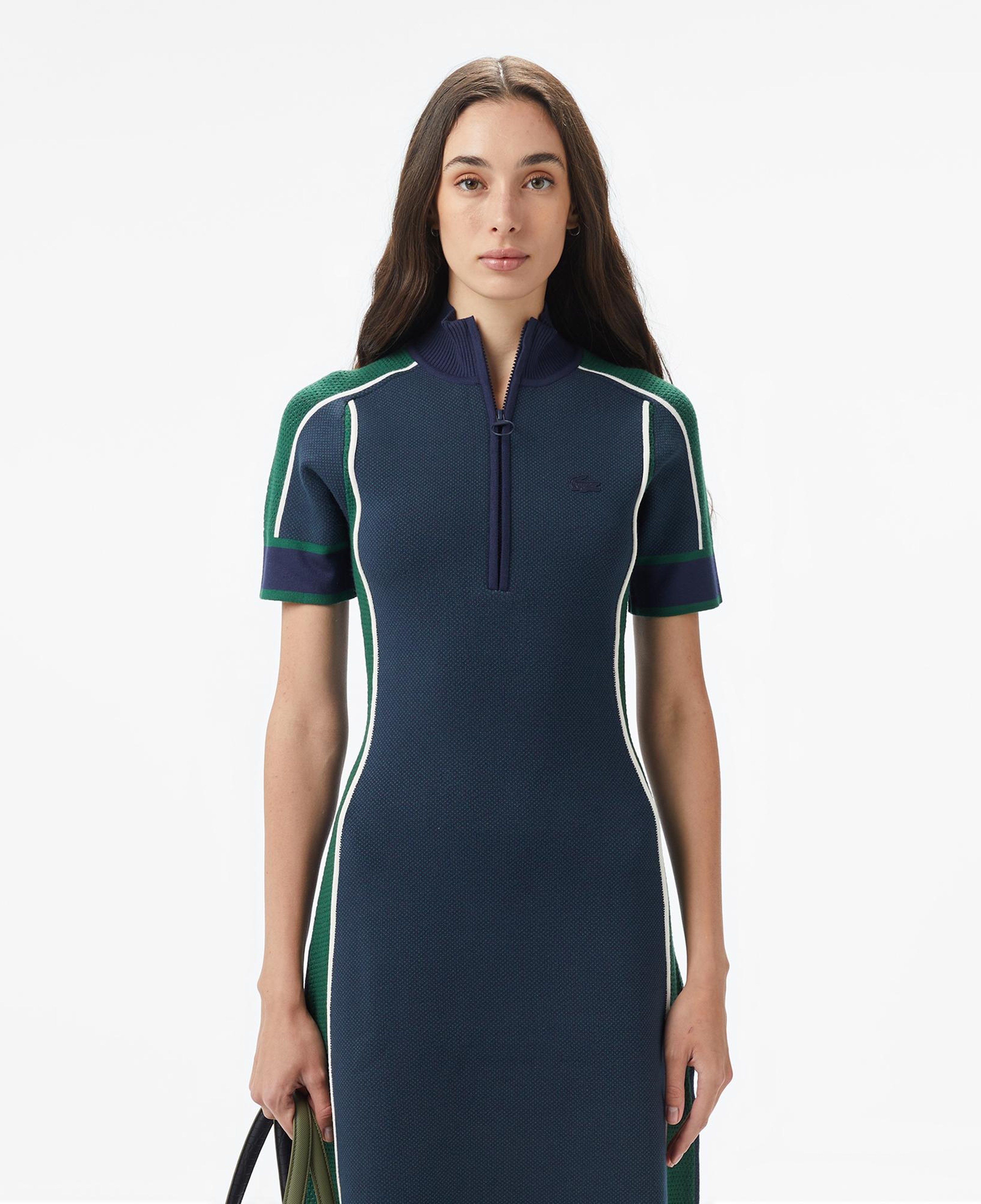 Kadın Classic Fit Kısa Kollu Yarım Fermuarlı Renk Bloklu Lacivert Elbise