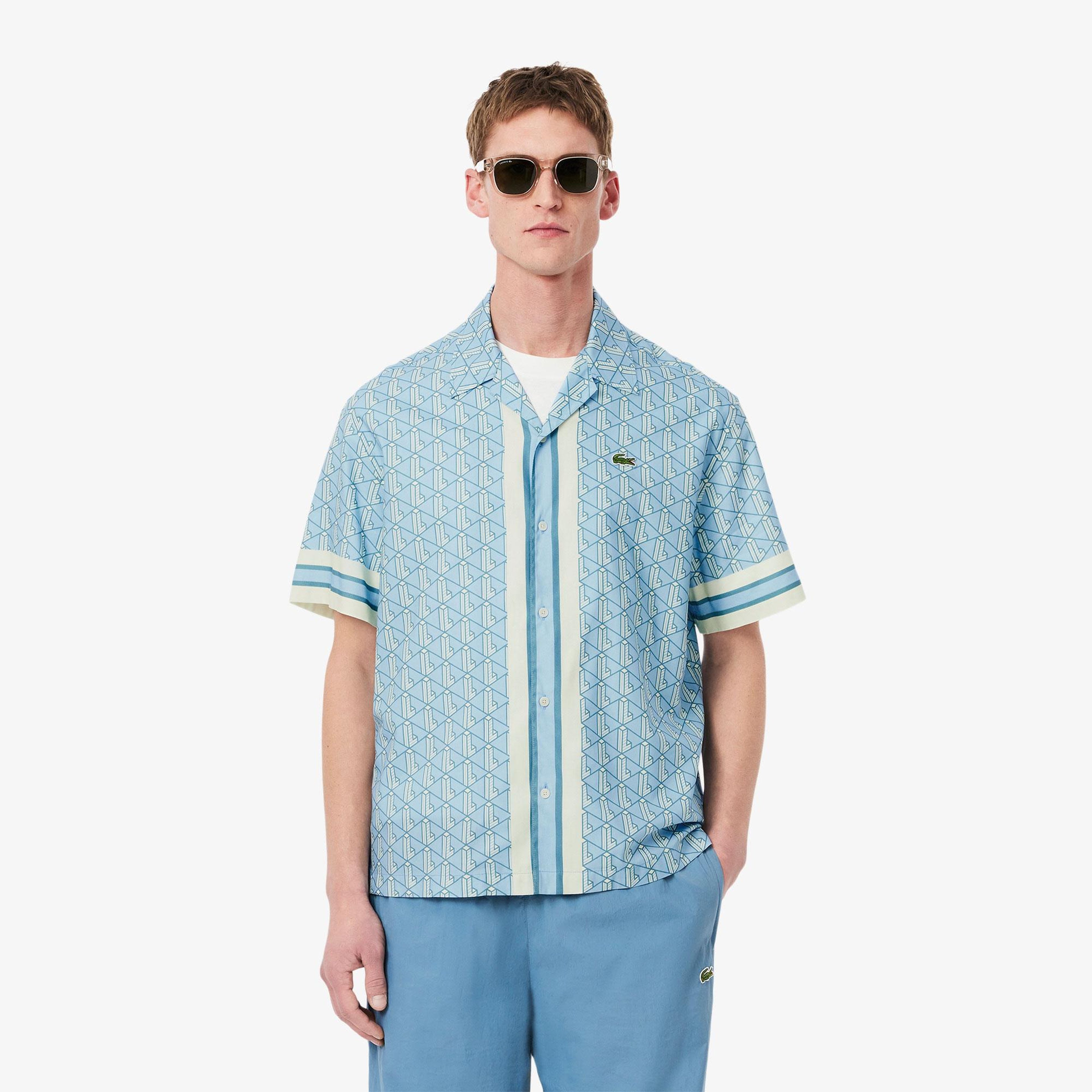 Erkek Relaxed Fit Kısa Kollu Monogram Mavi Gömlek
