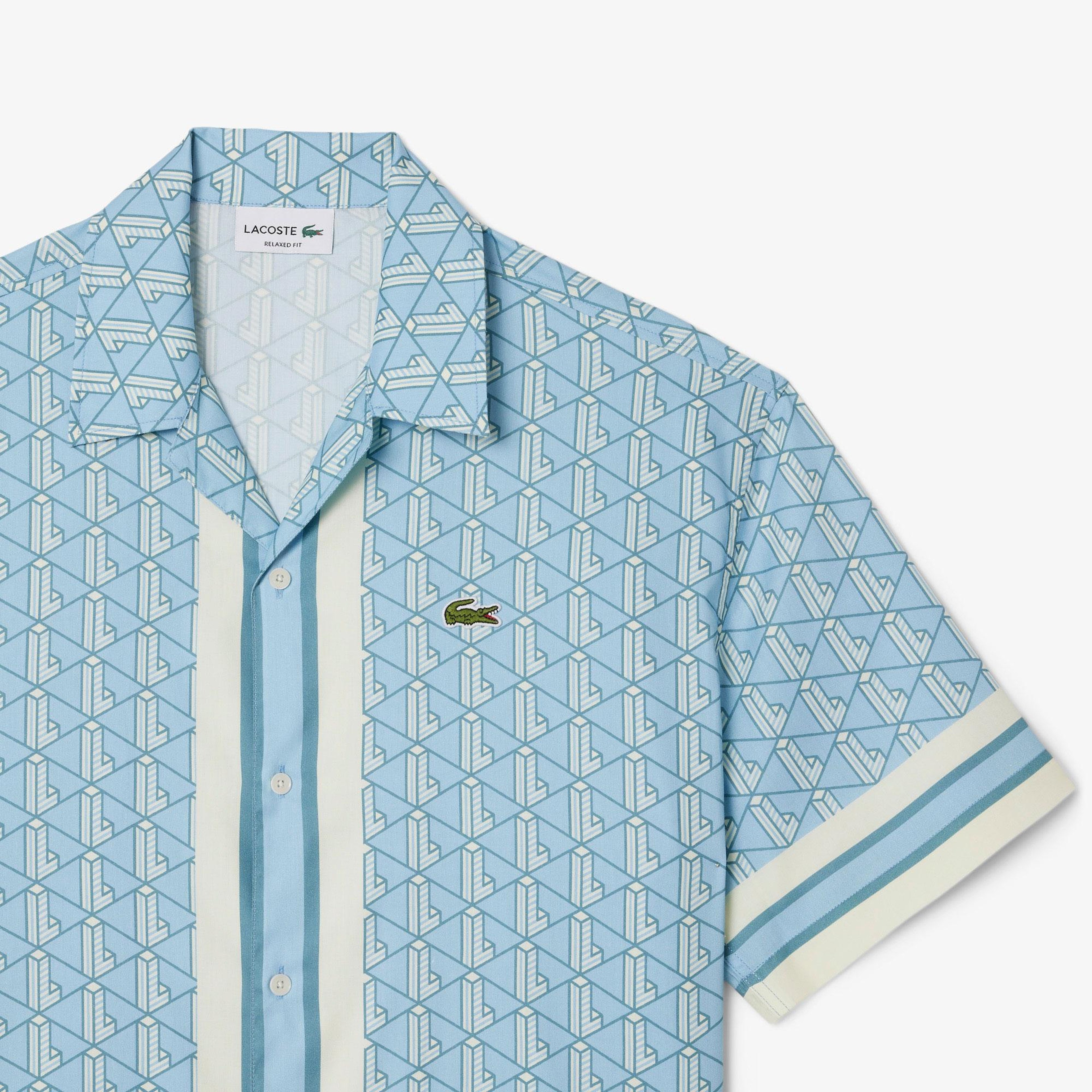 Erkek Relaxed Fit Kısa Kollu Monogram Mavi Gömlek