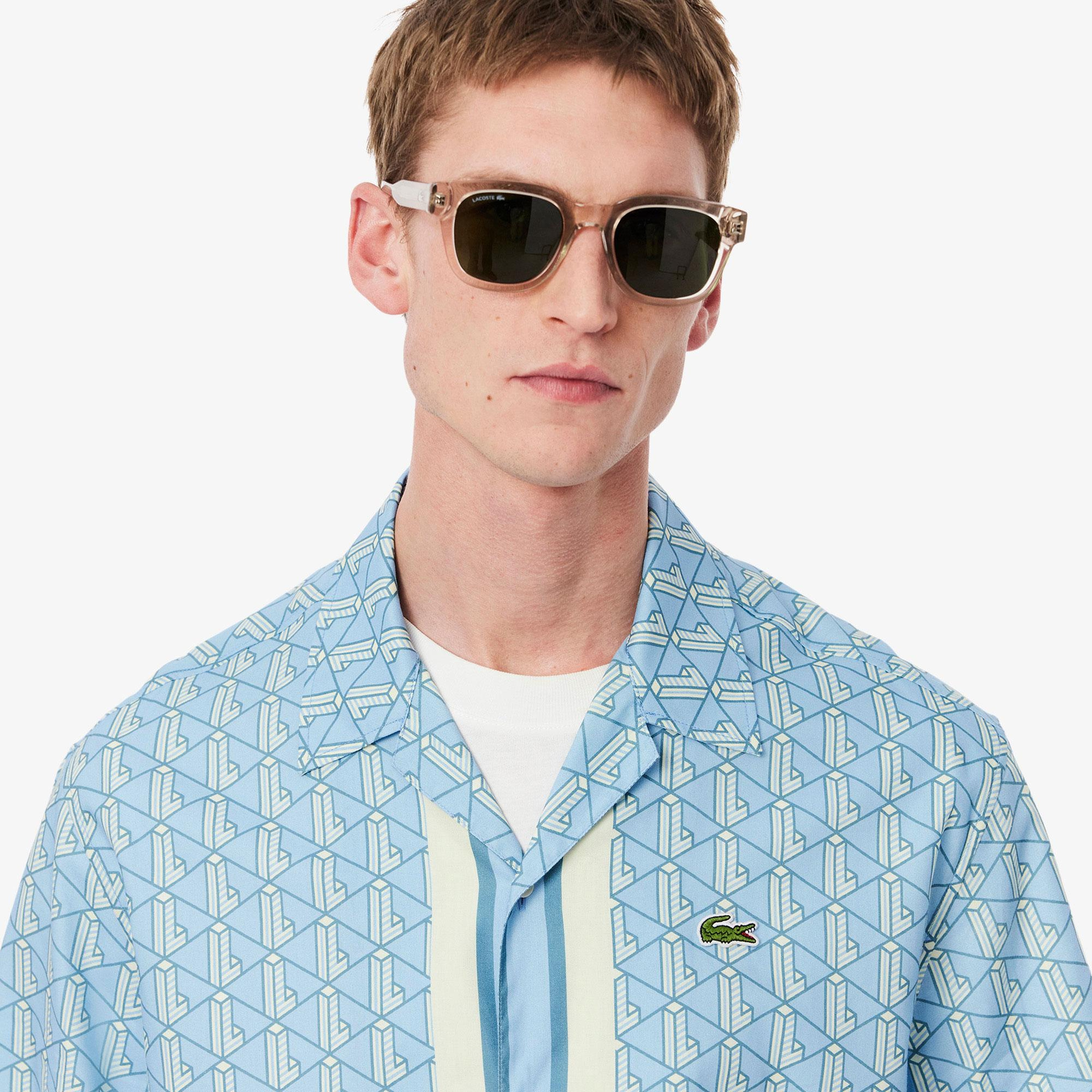 Erkek Relaxed Fit Kısa Kollu Monogram Mavi Gömlek