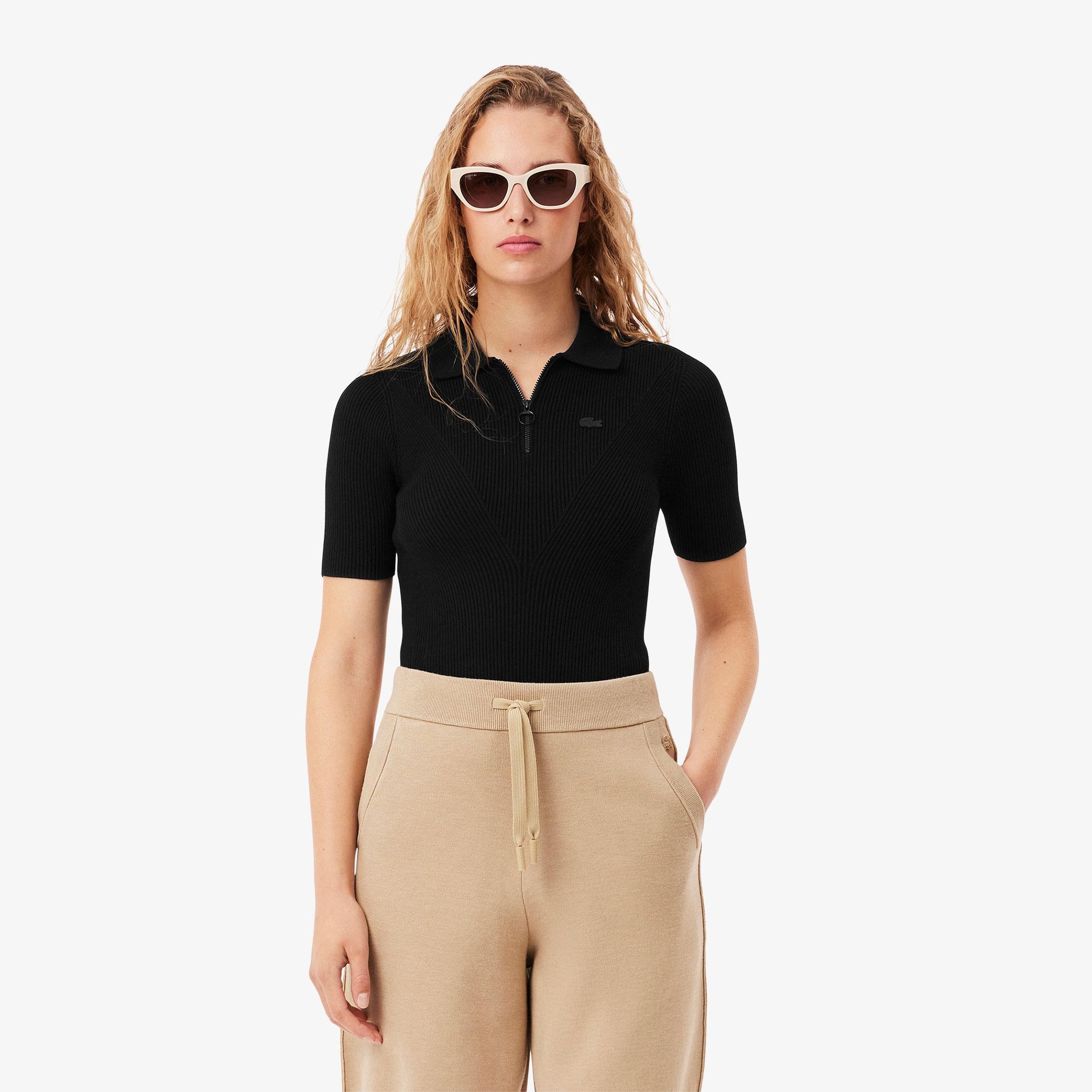 Kadın Slim Fit Kısa Kollu Yarım Fermuarlı Siyah Triko