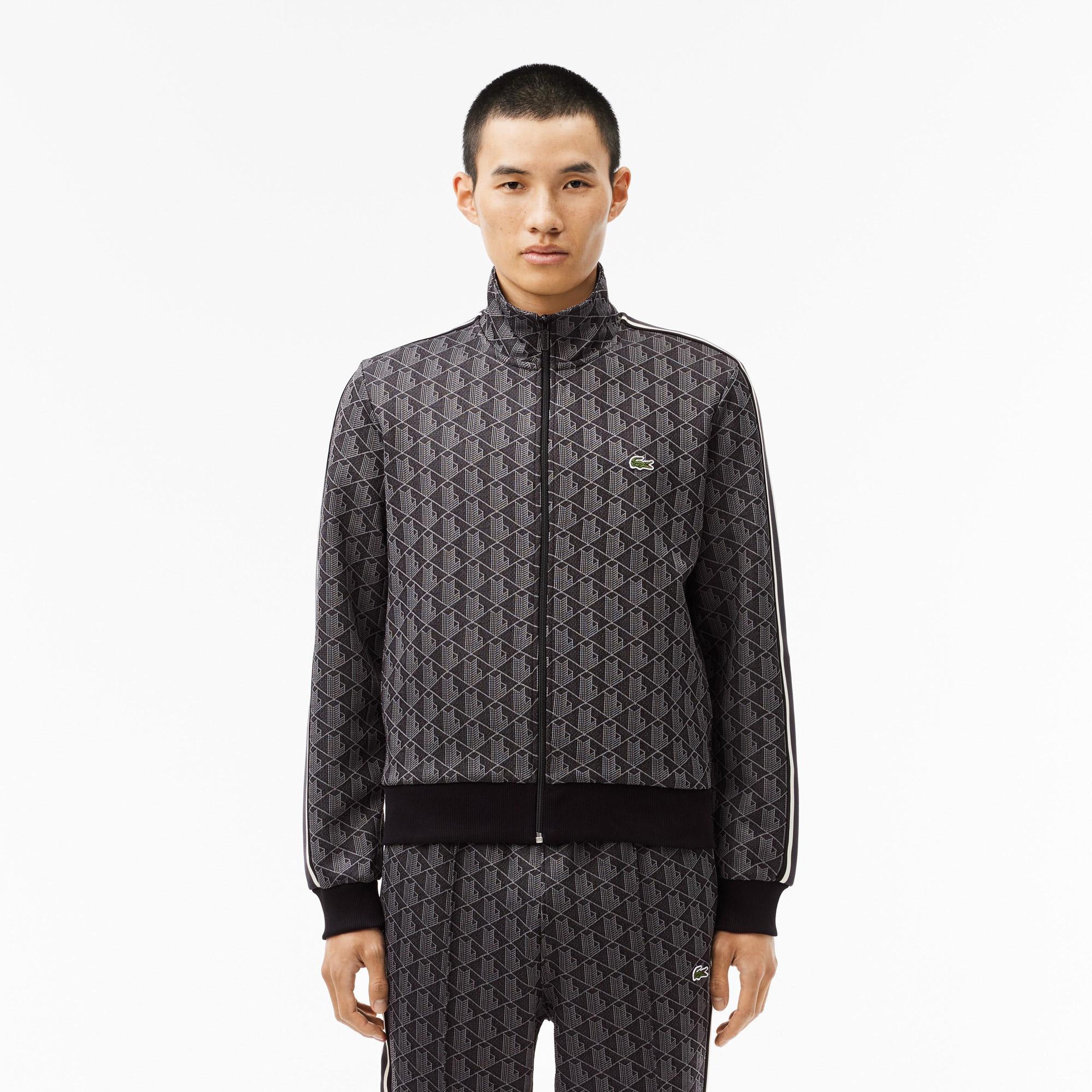 Erkek Regular Fit Fermuarlı Monogram Siyah Sweatshirt