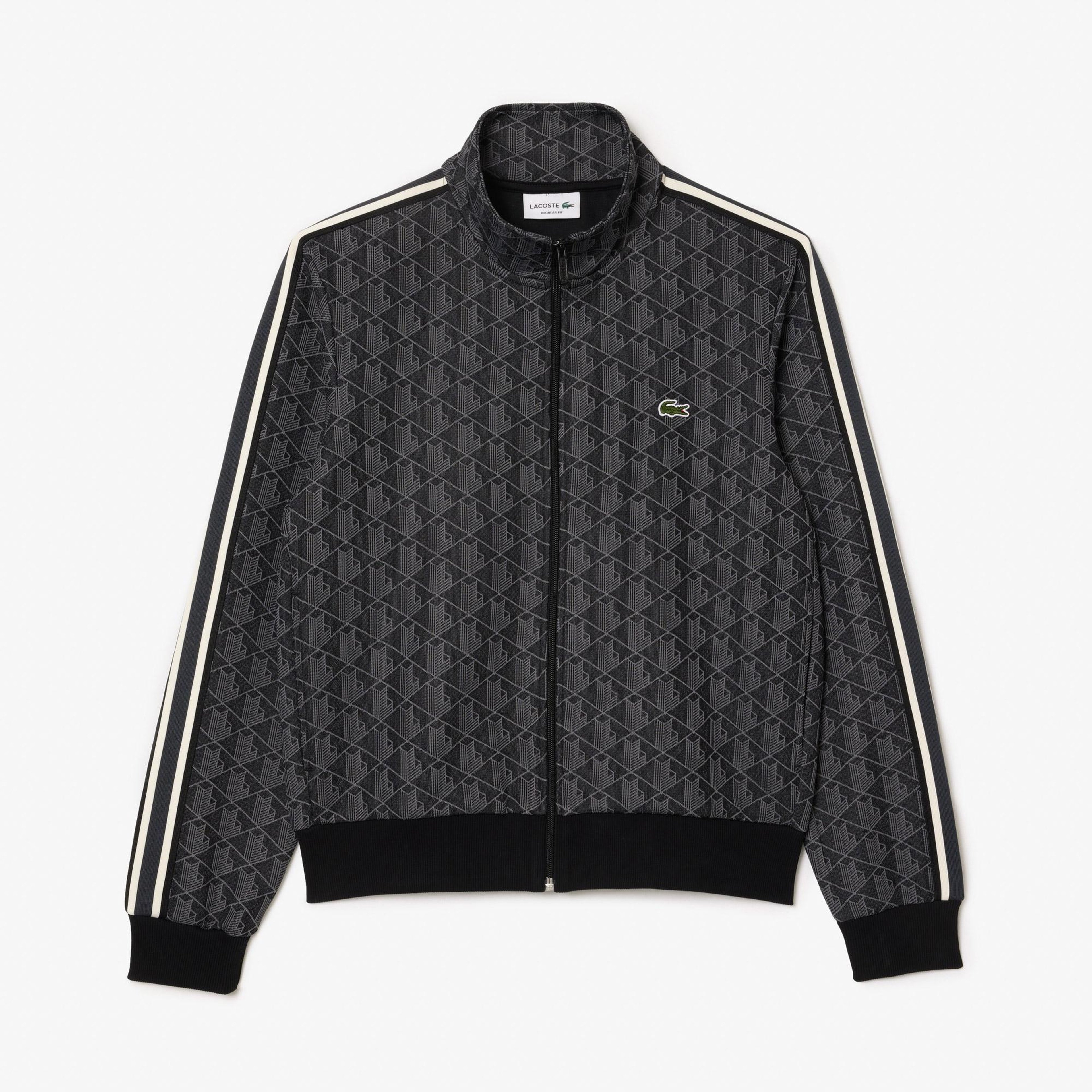 Erkek Regular Fit Fermuarlı Monogram Siyah Sweatshirt