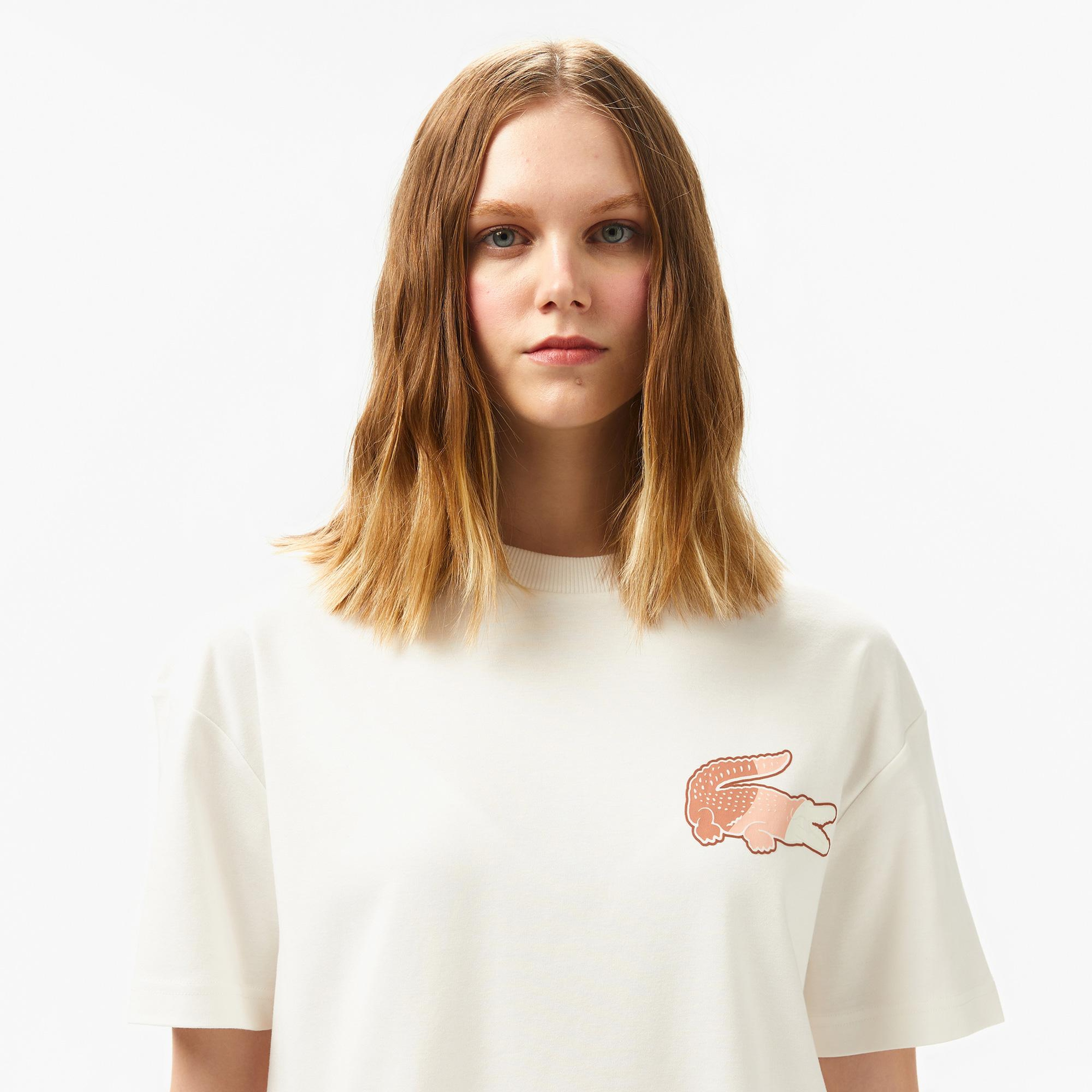 Lacoste Bisiklet Yaka Baskılı Kadın Beyaz Modal Karışımlı T-Shirt