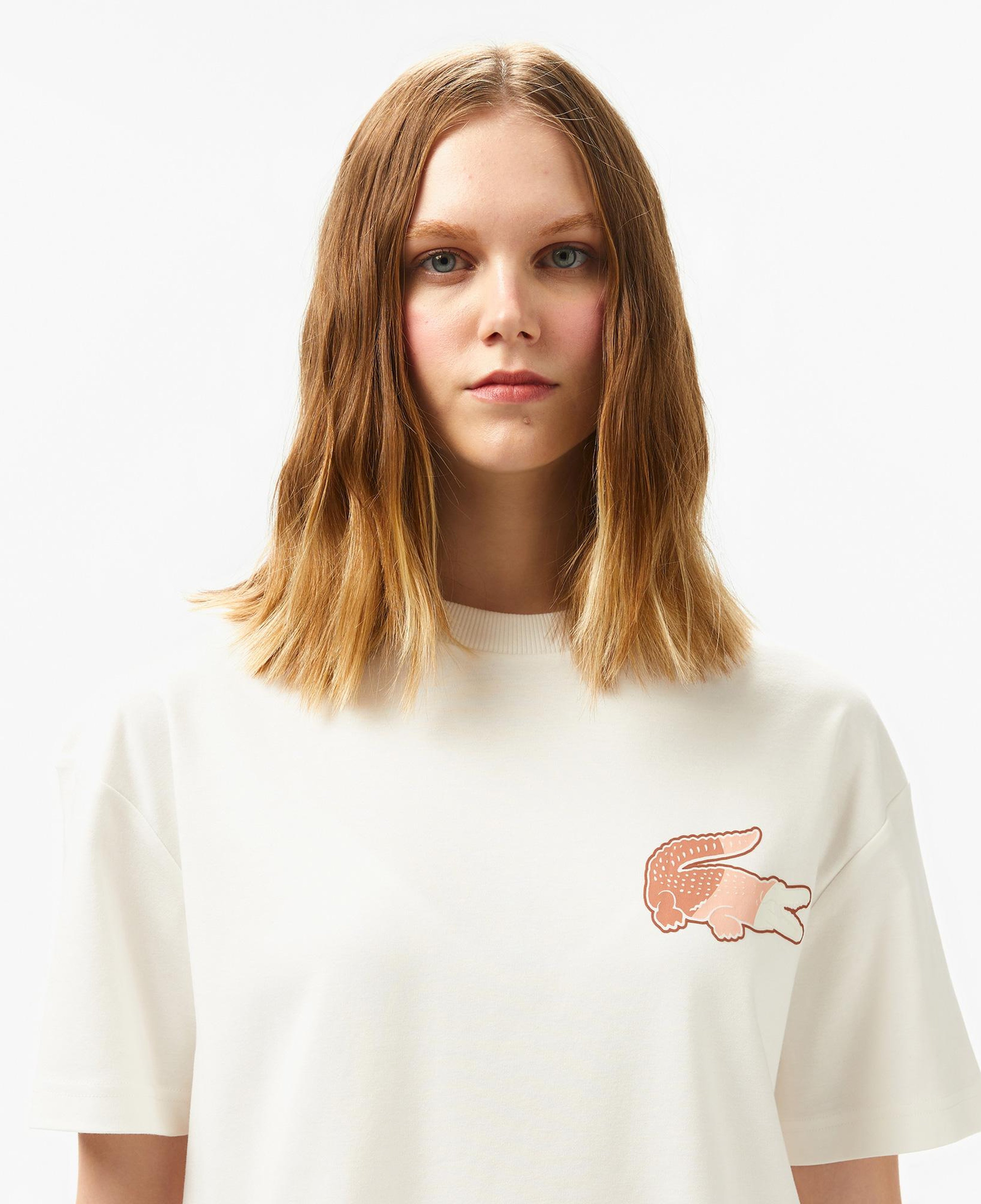 Lacoste Bisiklet Yaka Baskılı Kadın Beyaz Modal Karışımlı T-Shirt