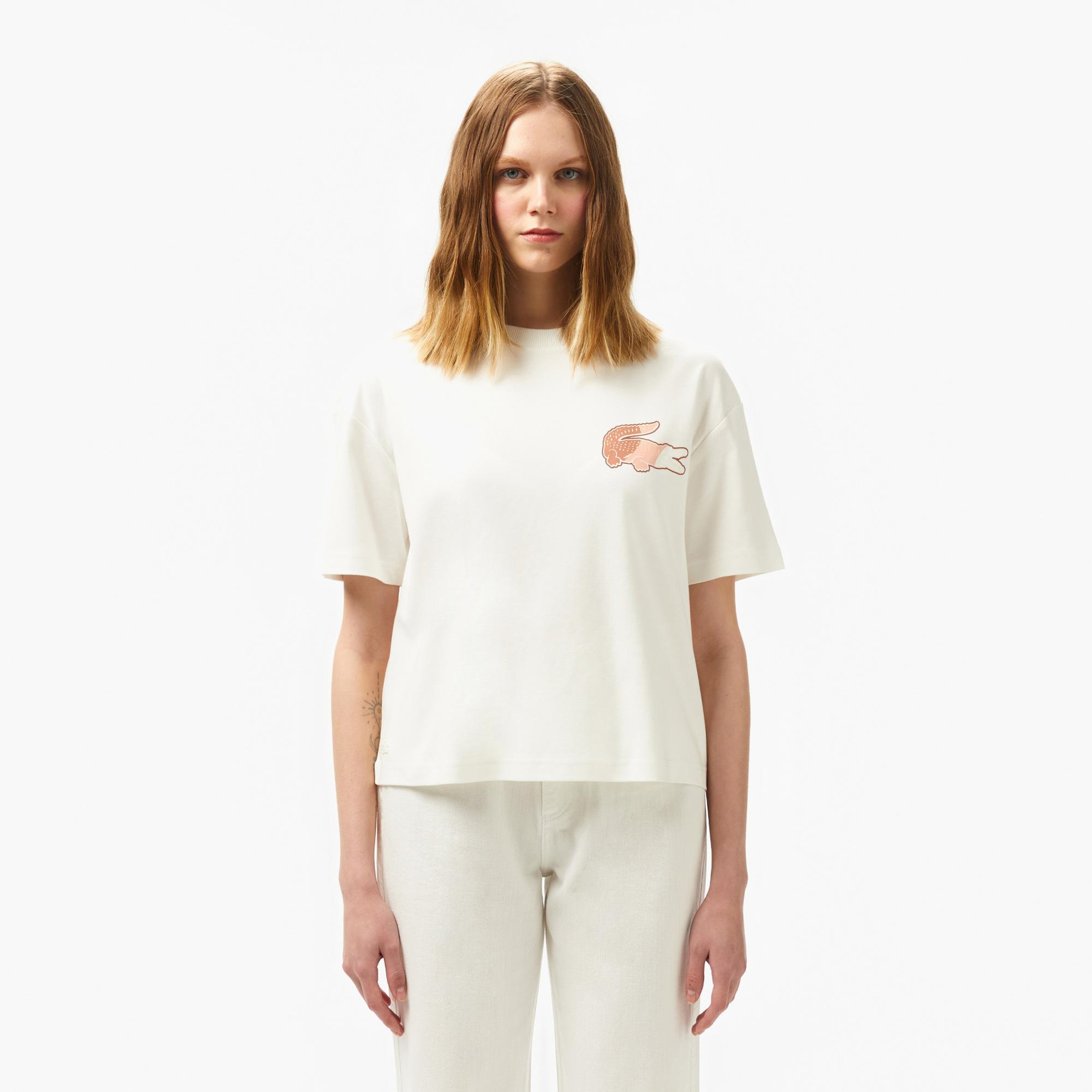 Lacoste Bisiklet Yaka Baskılı Kadın Beyaz Modal Karışımlı T-Shirt
