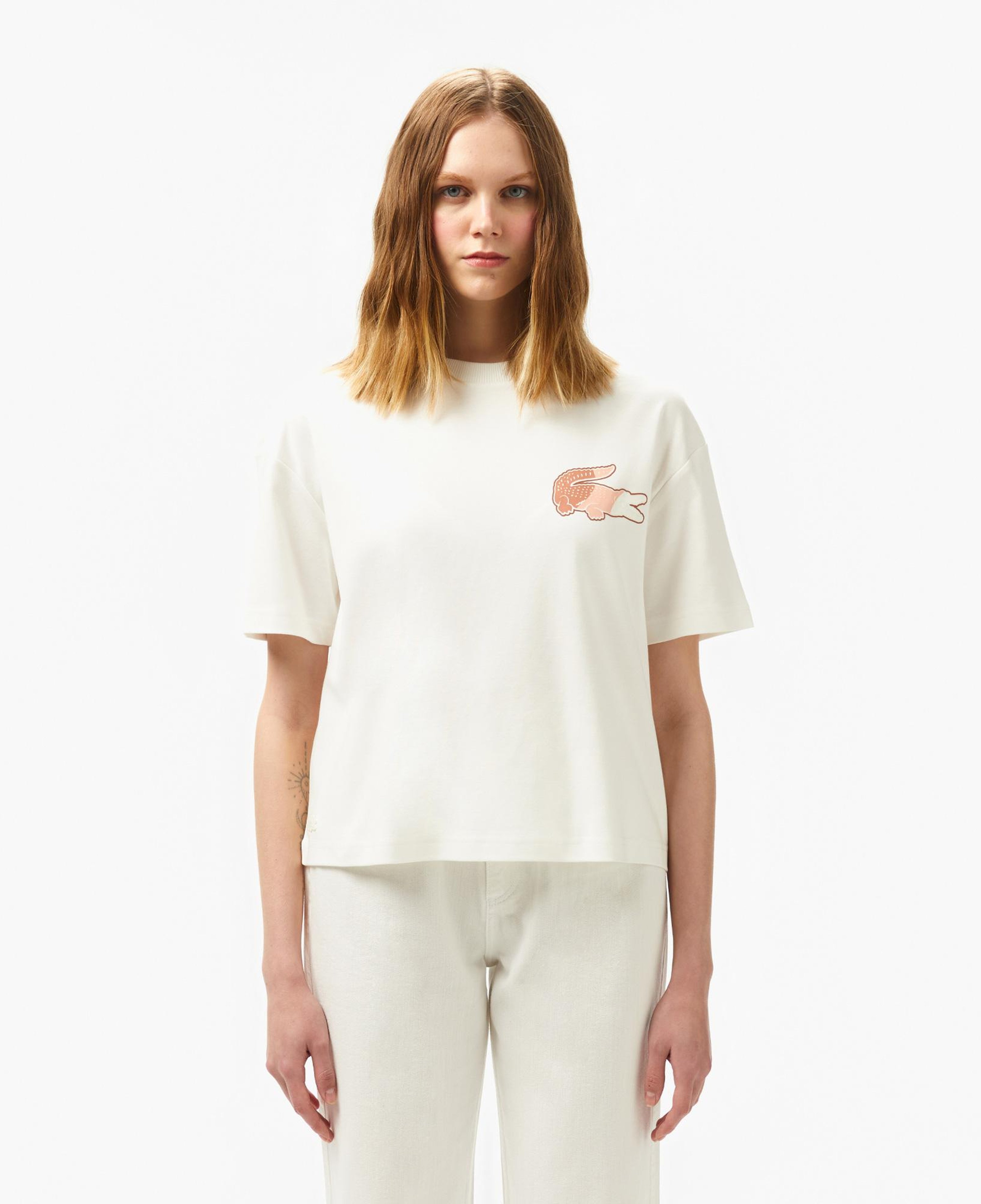 Lacoste Bisiklet Yaka Baskılı Kadın Beyaz Modal Karışımlı T-Shirt