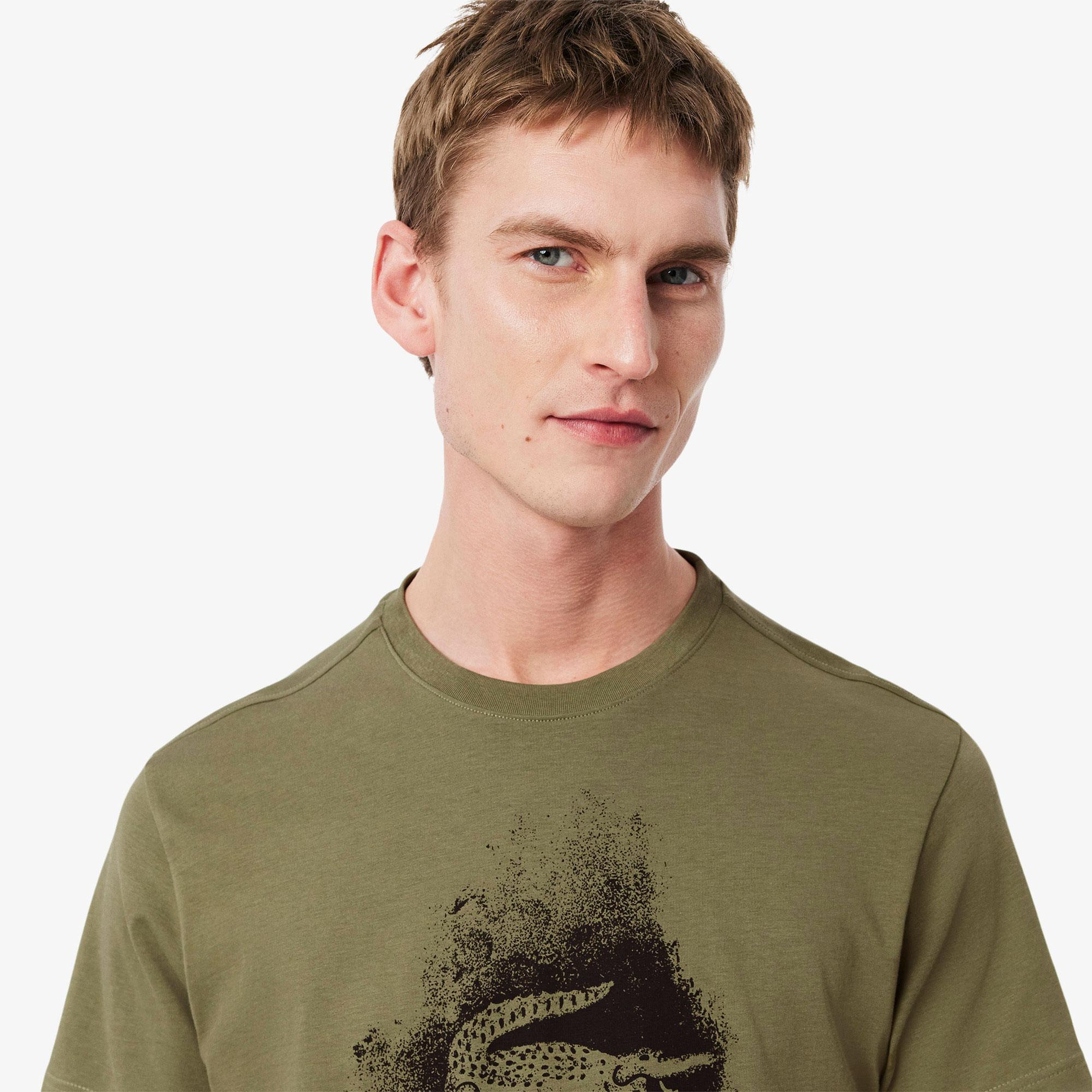 Erkek Regular Fit Bisiklet Yaka Baskılı Haki T-Shirt