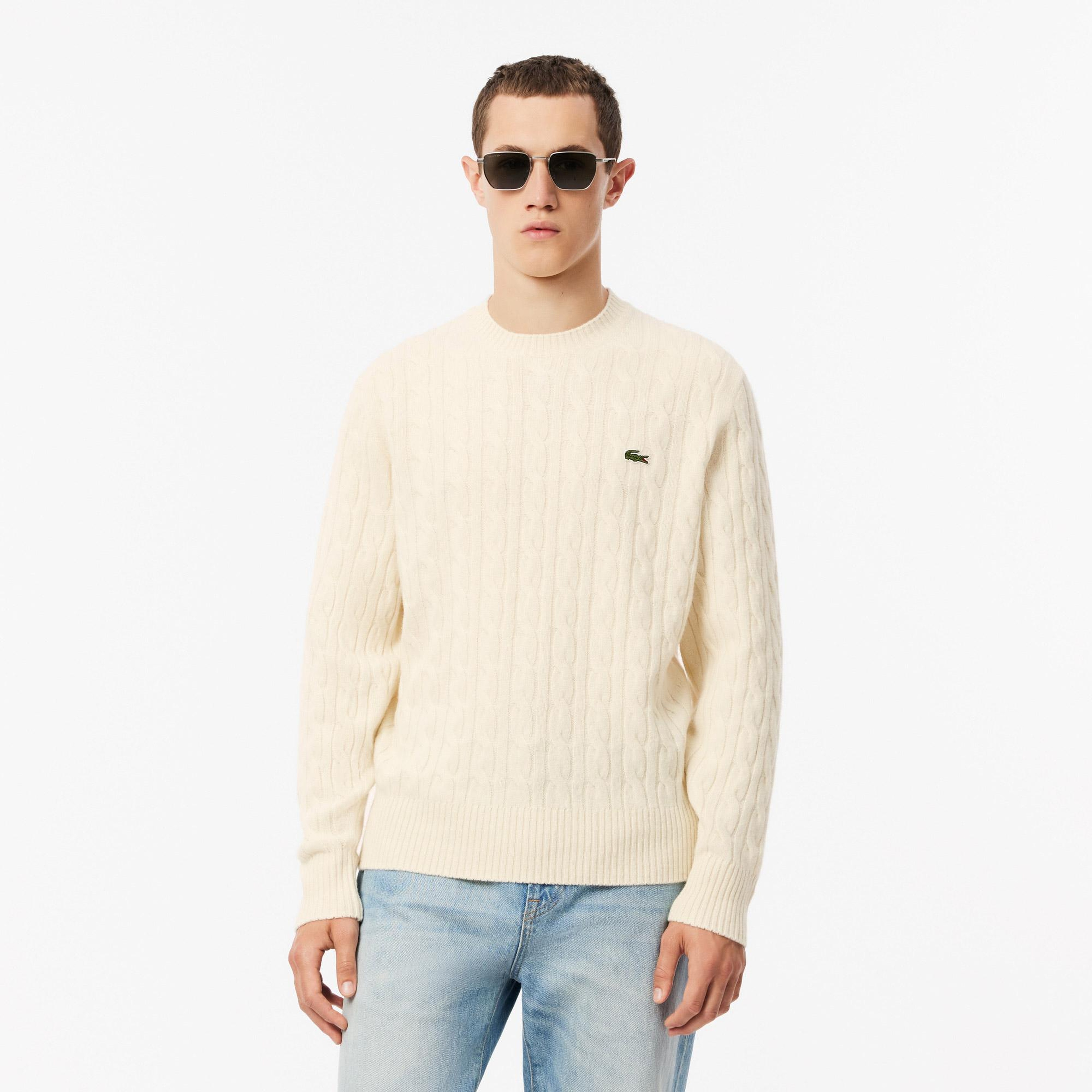 Erkek Classic Fit Bisiklet Yaka Desenli Krem Yün Kazak