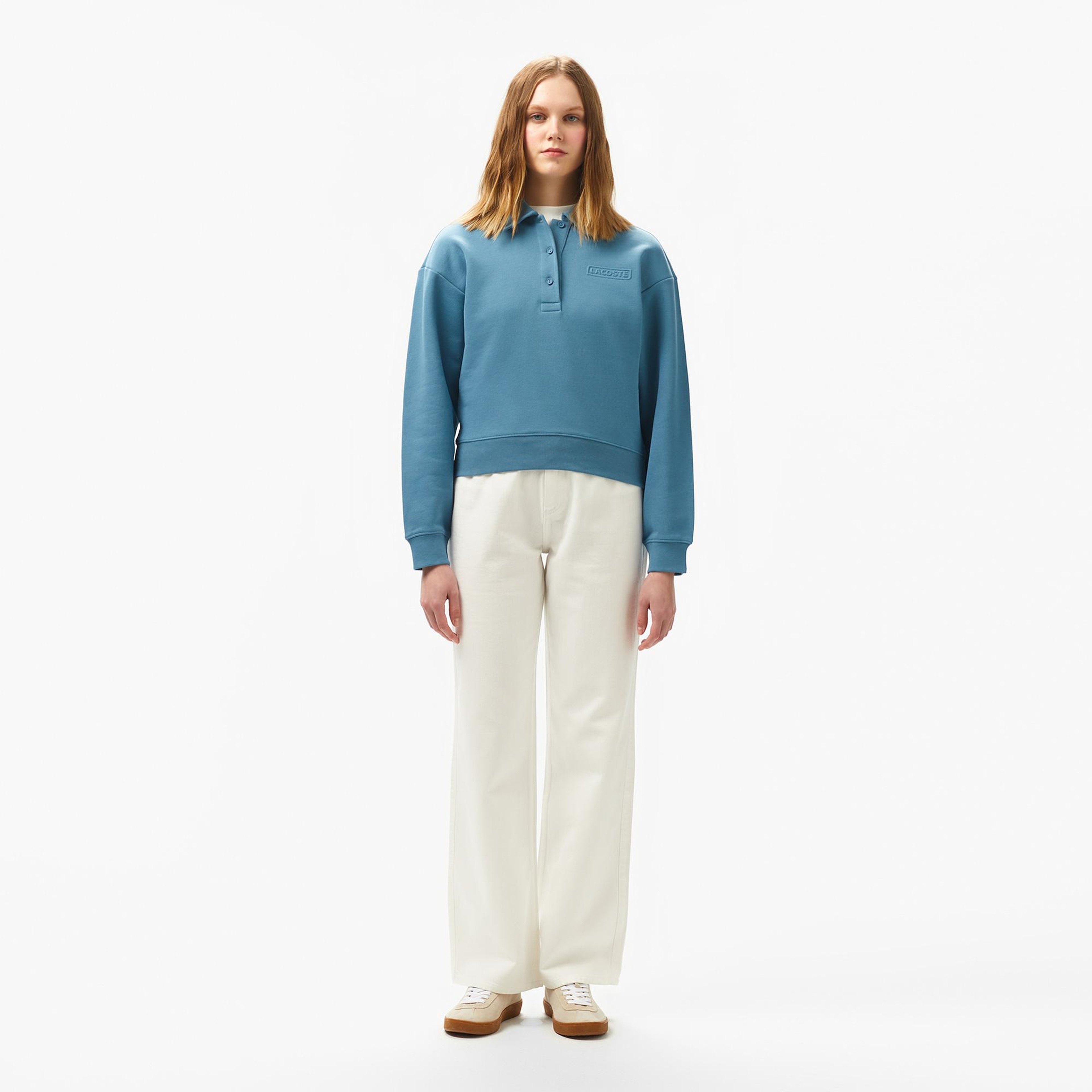 Kadın Relaxed Fit Polo Yaka Mavi Sweatshirt