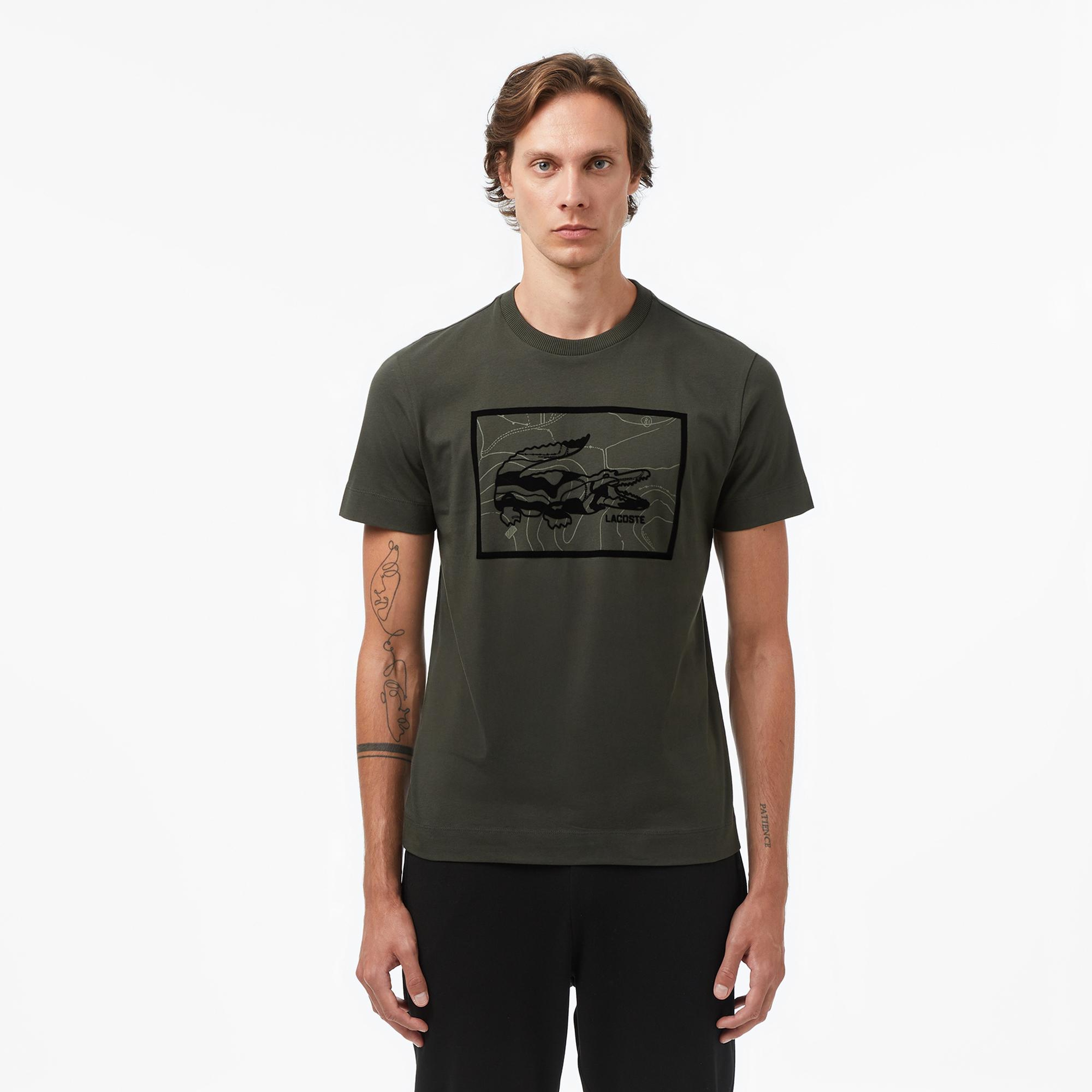 Erkek Bisiklet Yaka Baskılı Haki T-Shirt