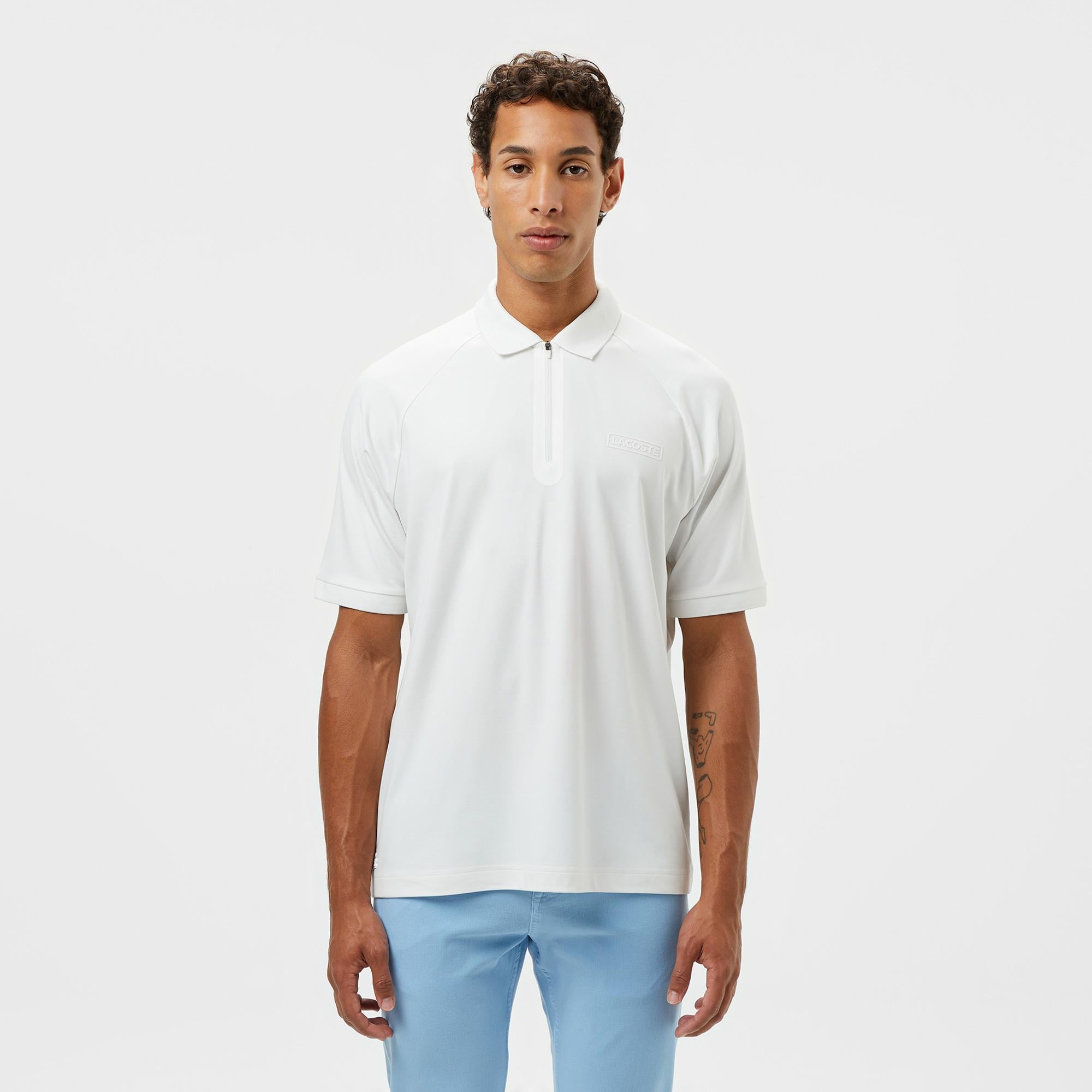 Erkek Oversize Fit Yarım Fermuarlı Beyaz Polo