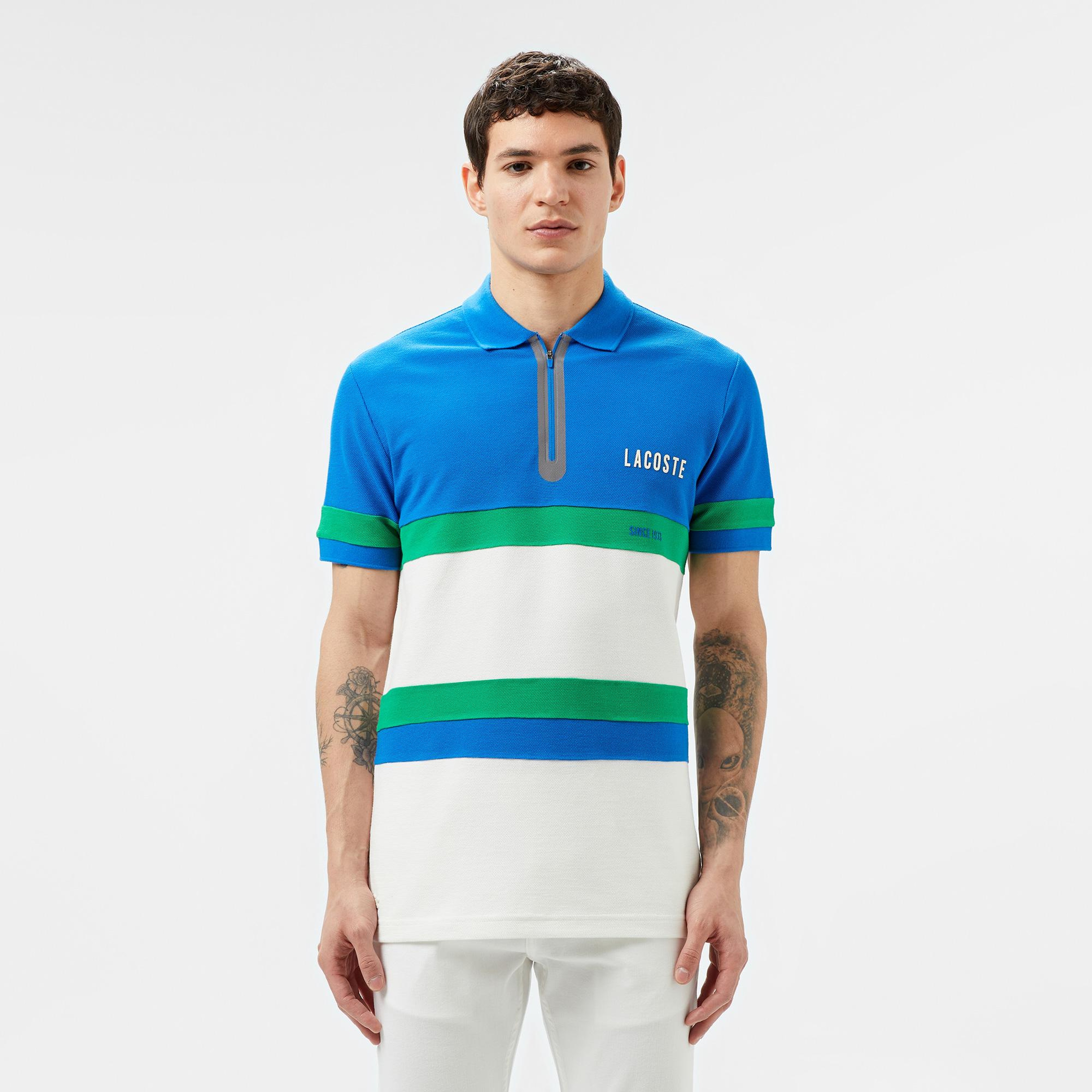 Erkek Regular Fit Yarım Fermuarlı Renk Bloklu Beyaz Polo