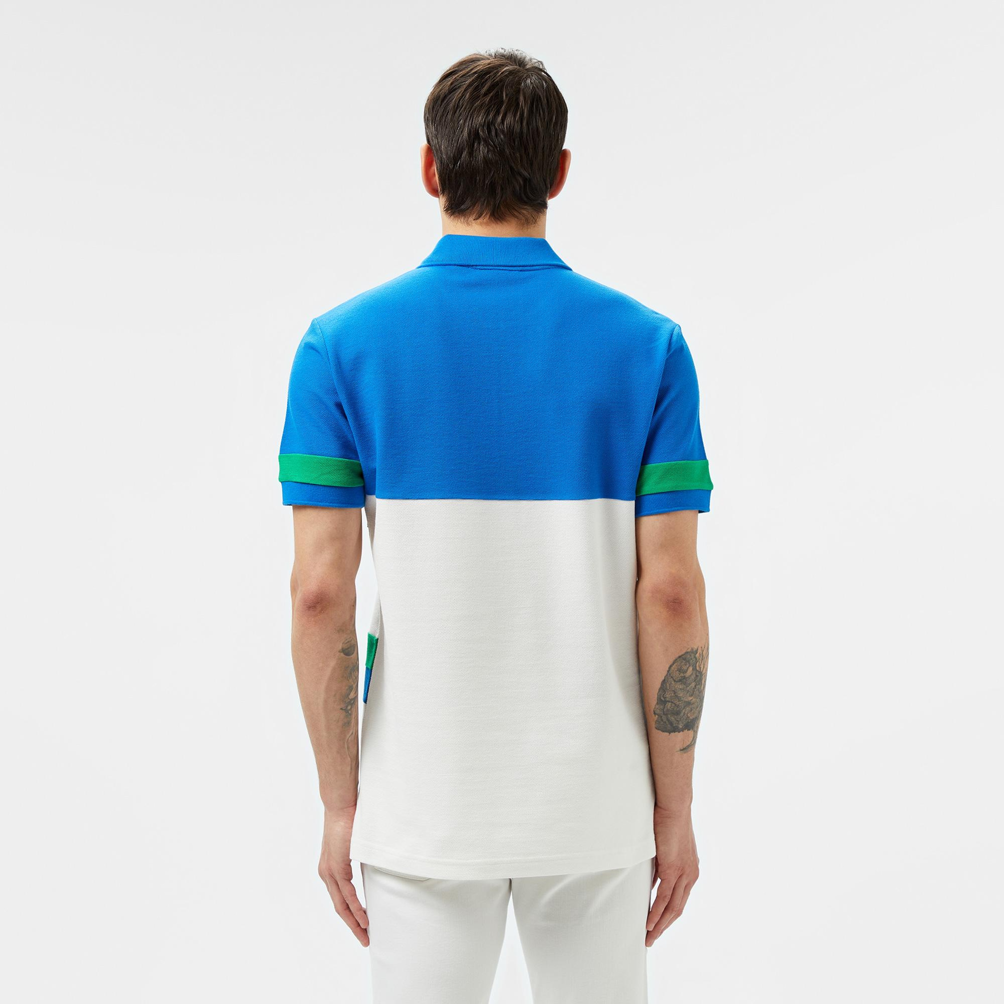 Erkek Regular Fit Yarım Fermuarlı Renk Bloklu Beyaz Polo