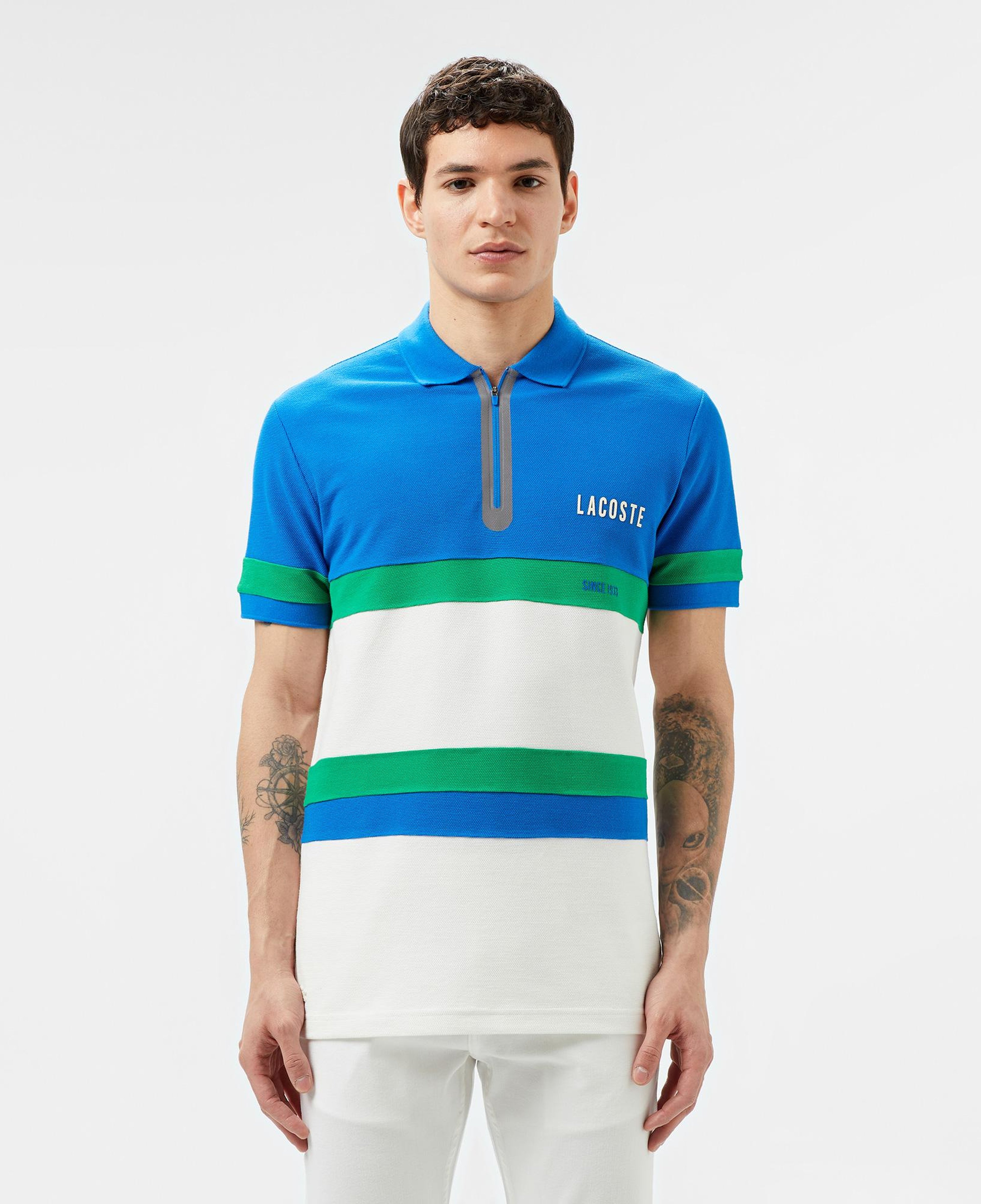 Erkek Regular Fit Yarım Fermuarlı Renk Bloklu Beyaz Polo