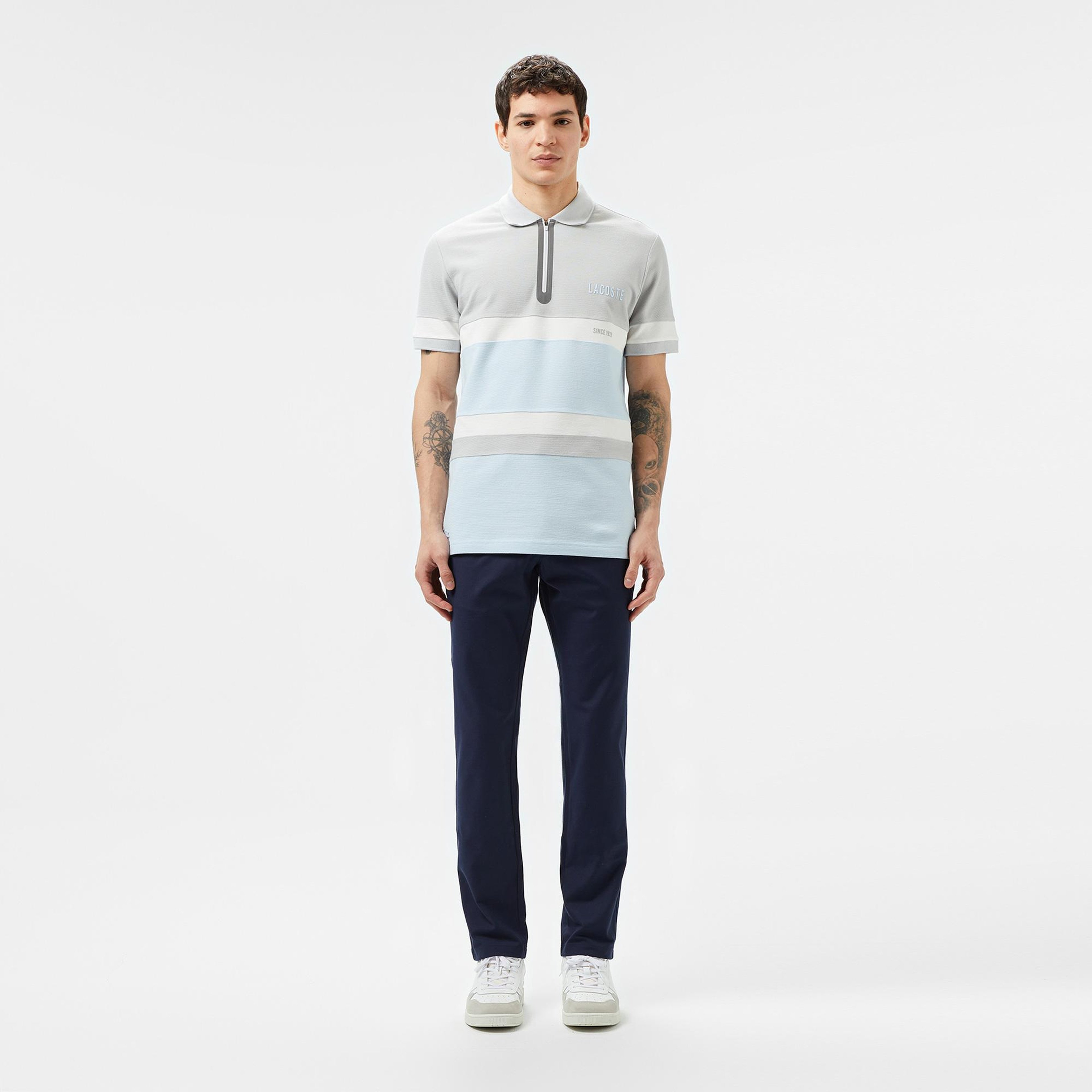 Erkek Regular Fit Yarım Fermuarlı Renk Bloklu Açık Mavi Polo
