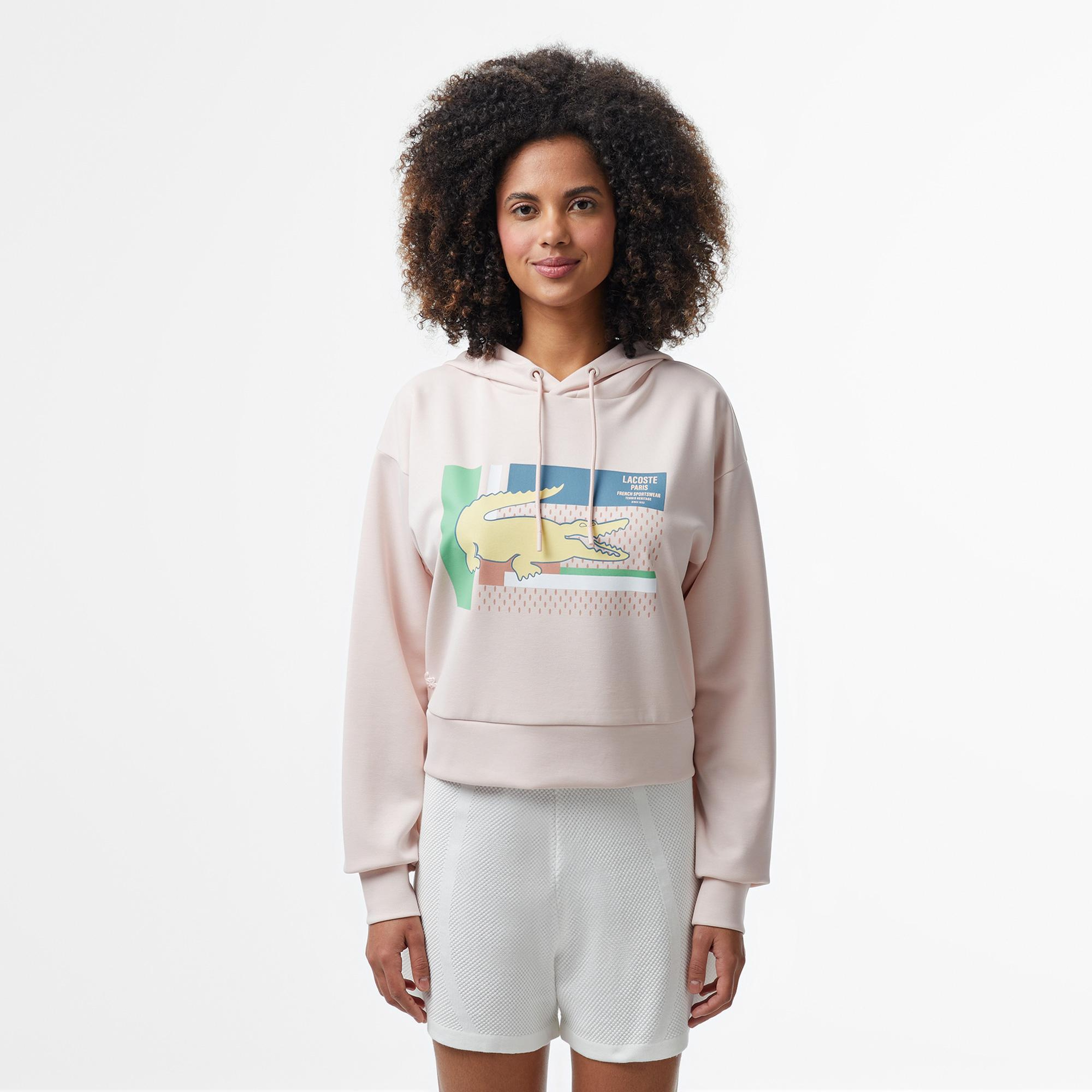 Kadın Relaxed Fit Kapüşonlu Baskılı Açık Pembe Modal Karışımlı Sweatshirt