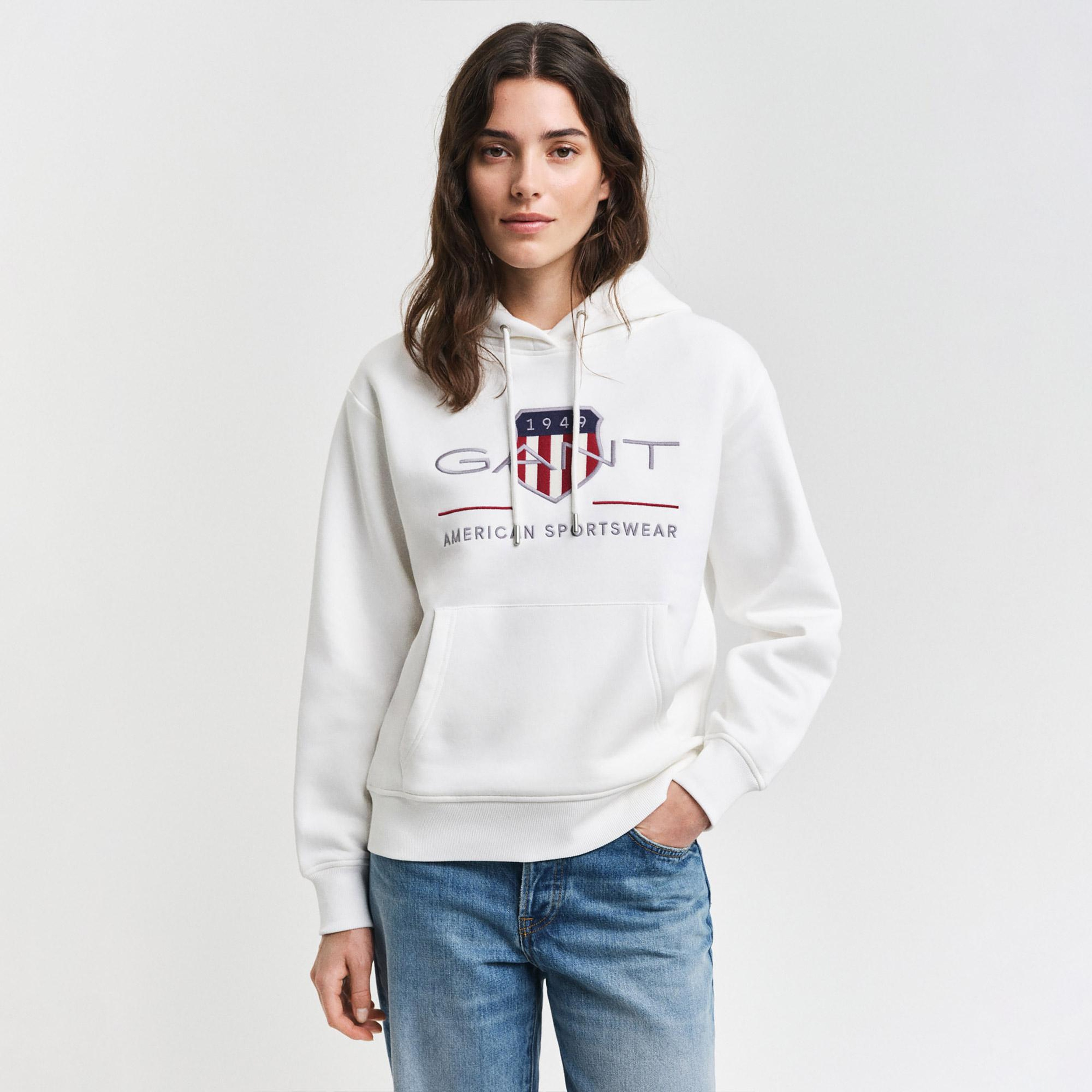 GANT Kadın Krem Relaxed Fit Kapüşonlu Logolu Sweatshirt