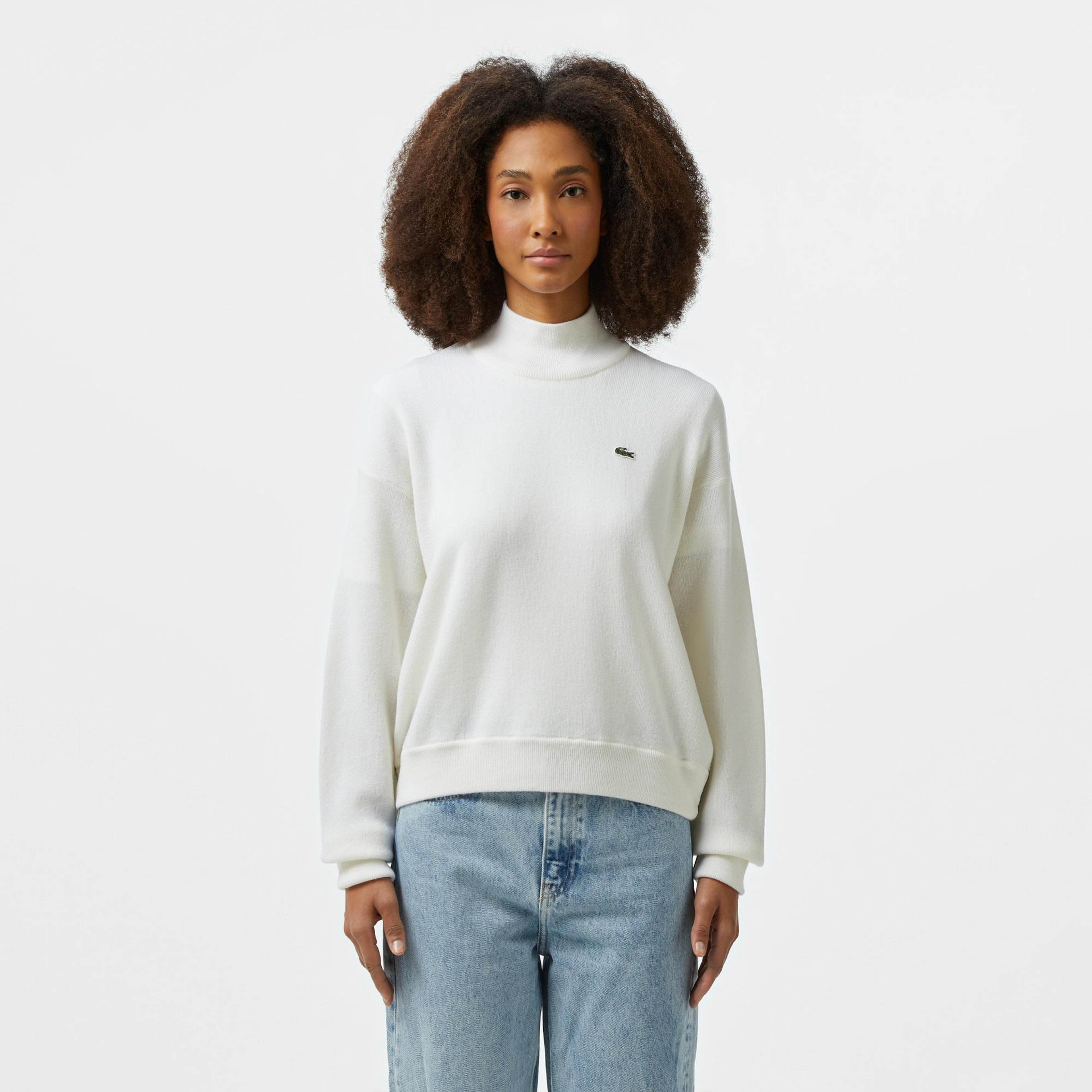 Lacoste Kadın Relaxed Fit Polo Yaka Yün Beyaz Triko