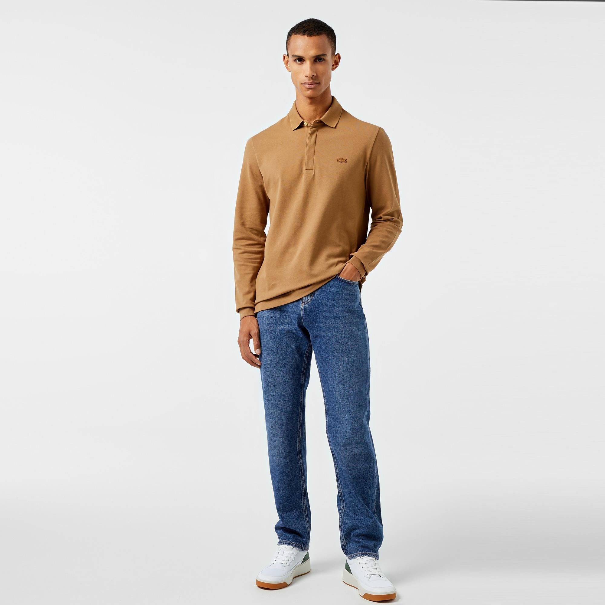 Erkek Regular Fit Uzun Kollu Kahverengi Paris Polo