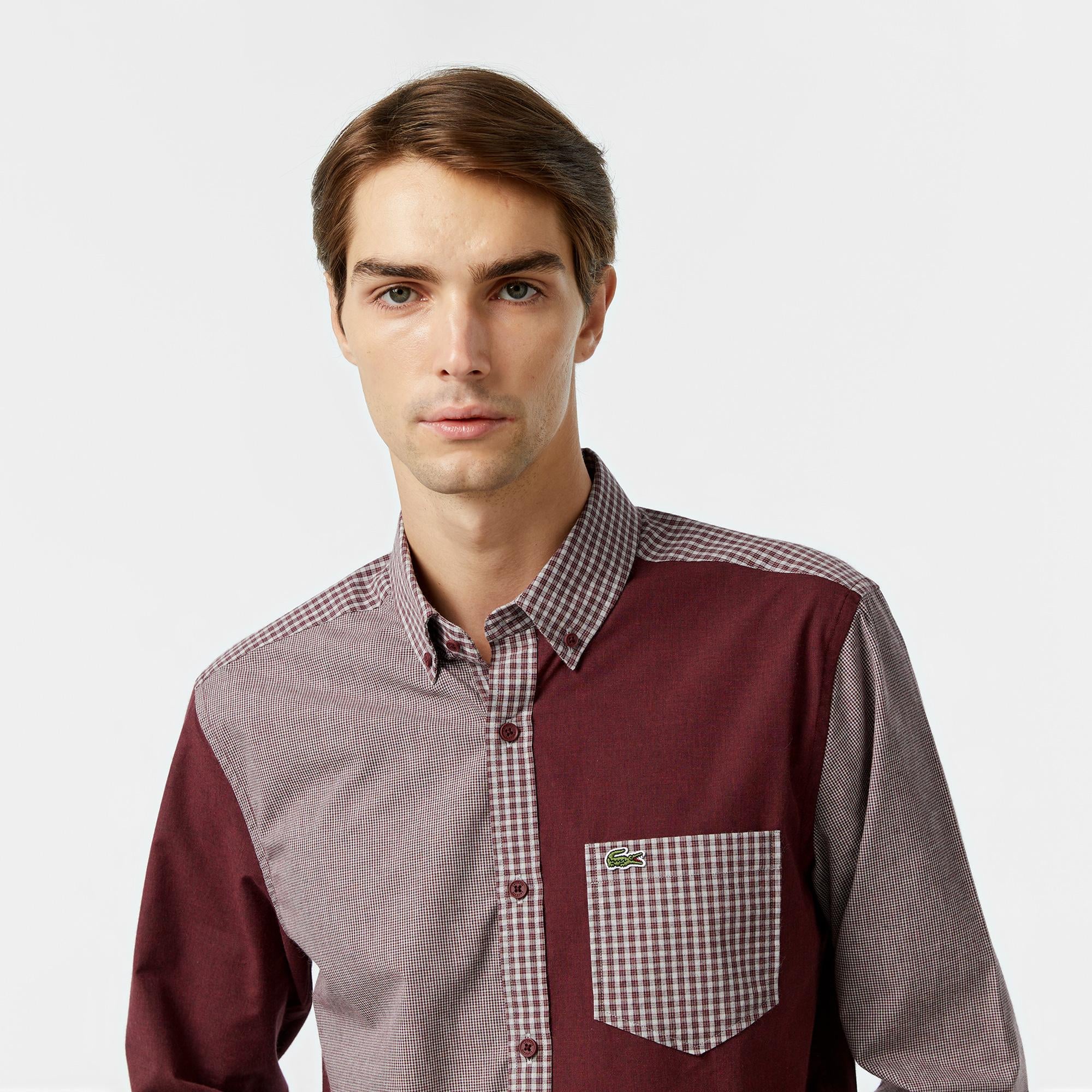 Erkek Relaxed Fit Düğmeli Yaka Ekose Bordo Gömlek