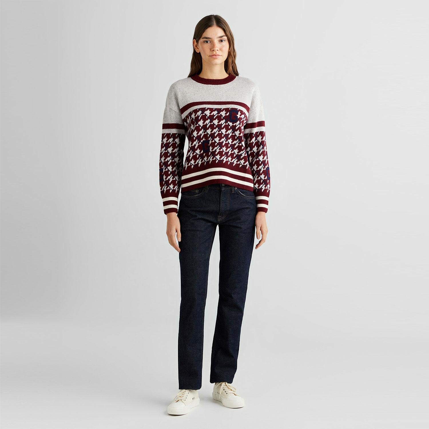 GANT Kadın Bordo Relaxed Fit Bisiklet Yaka Logolu Yün Karışımlı Kazak