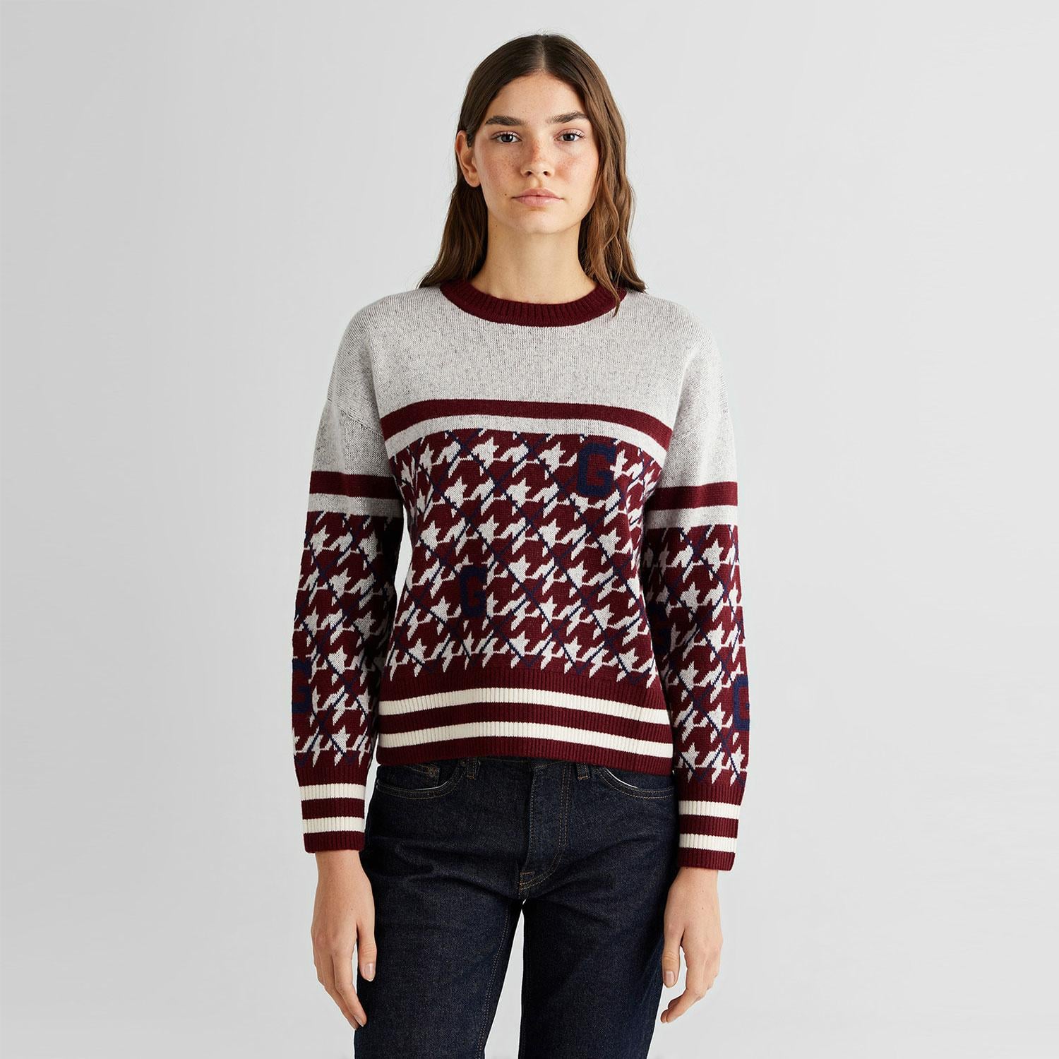 GANT Kadın Bordo Relaxed Fit Bisiklet Yaka Logolu Yün Karışımlı Kazak