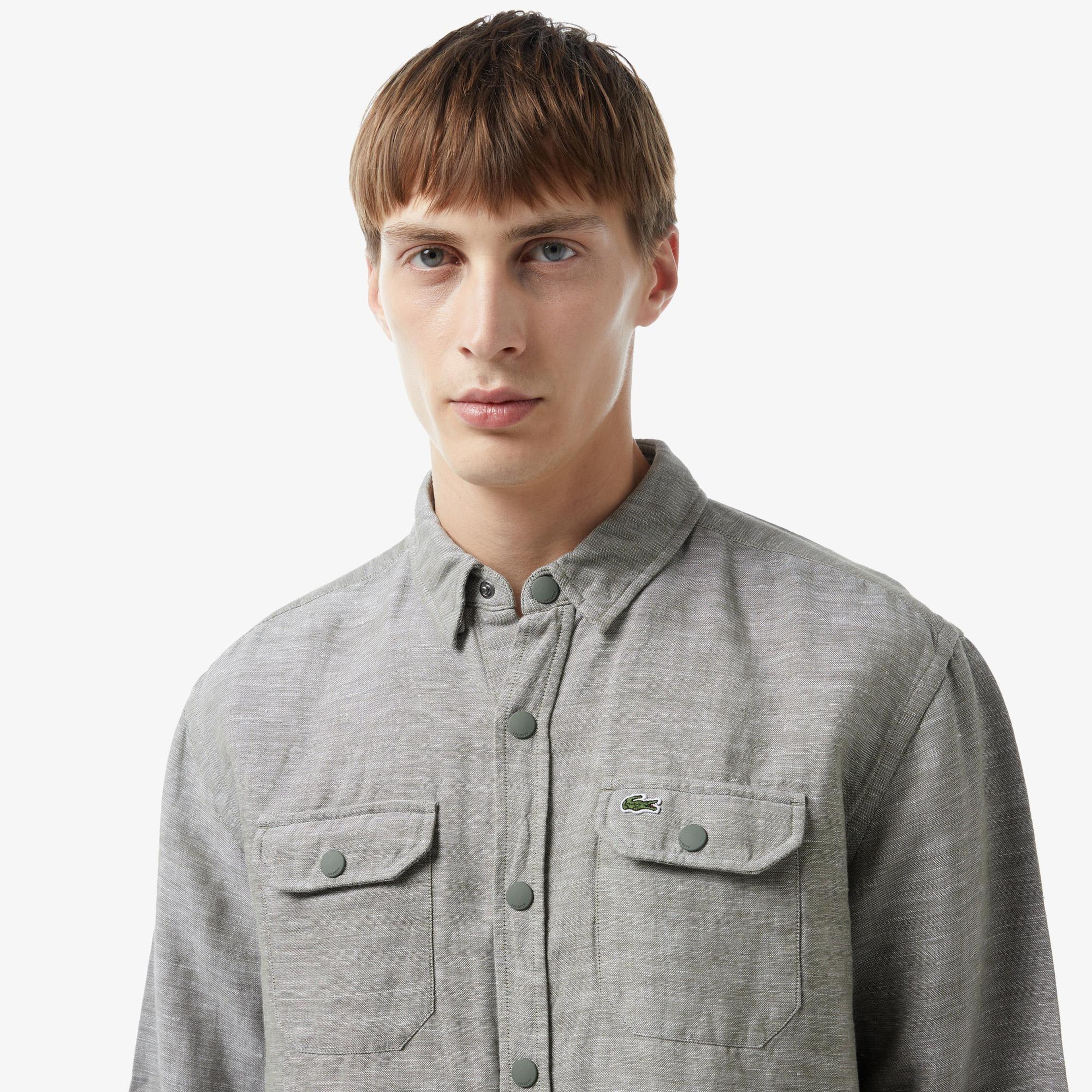 Lacoste Erkek Relaxed Fit Yeşil Keten Karışımlı Gömlek