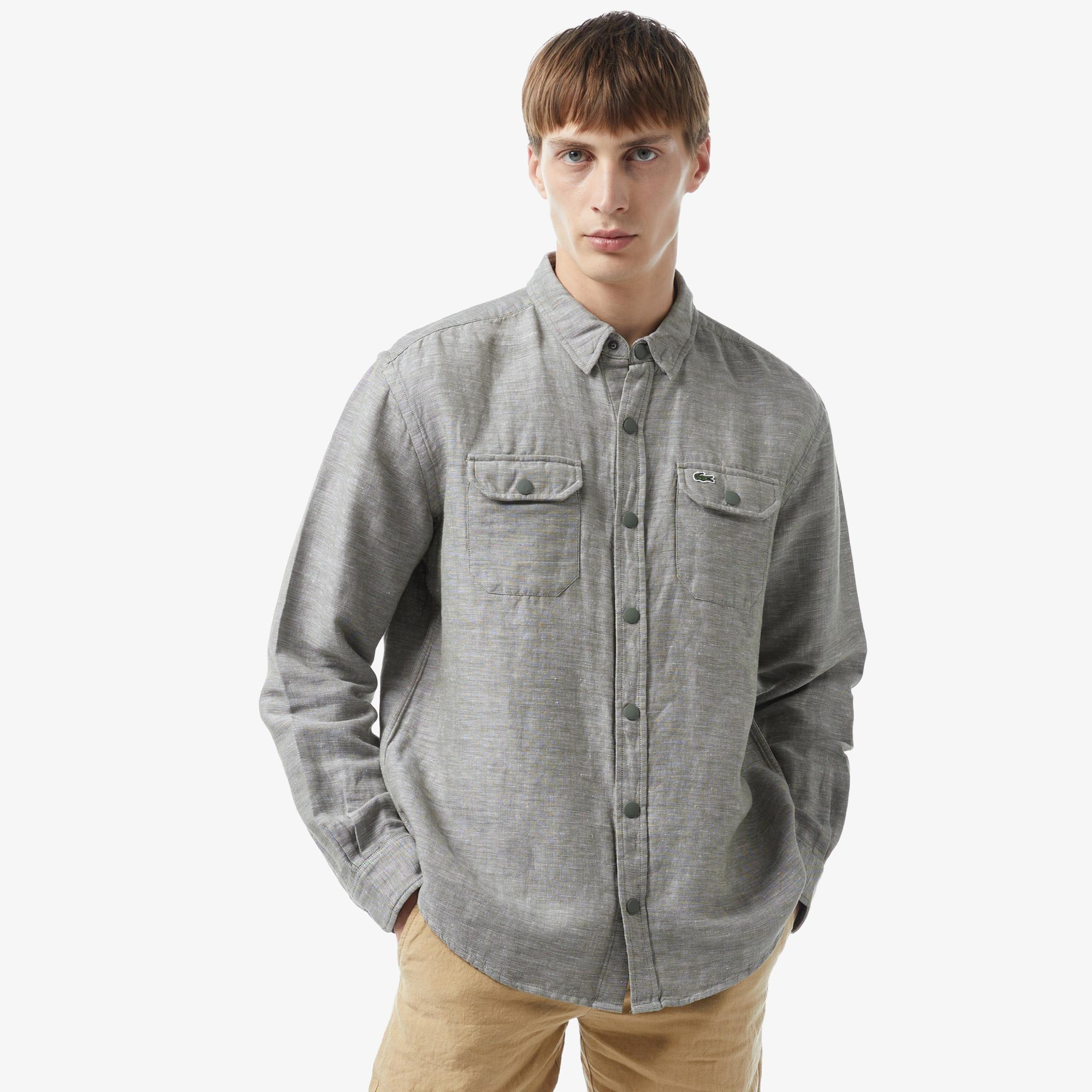 Lacoste Erkek Relaxed Fit Yeşil Keten Karışımlı Gömlek
