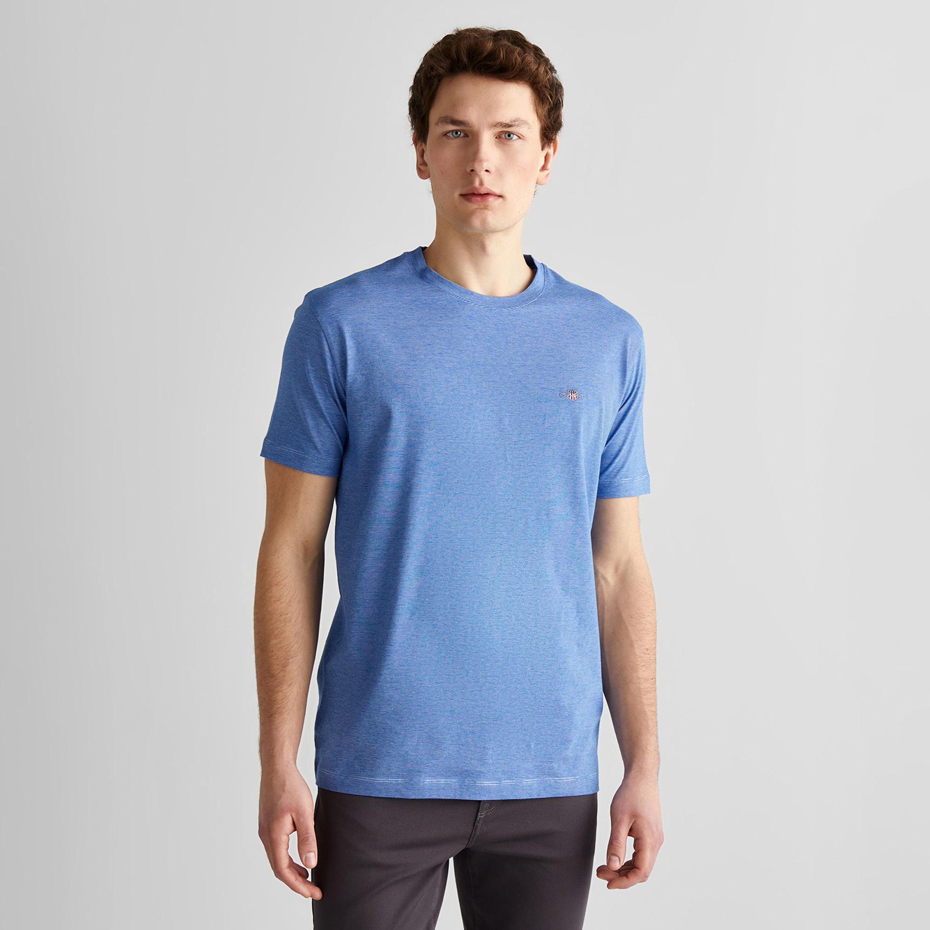 GANT Erkek Mavi Regular Fit Bisiklet Yaka Çizgili T-Shirt