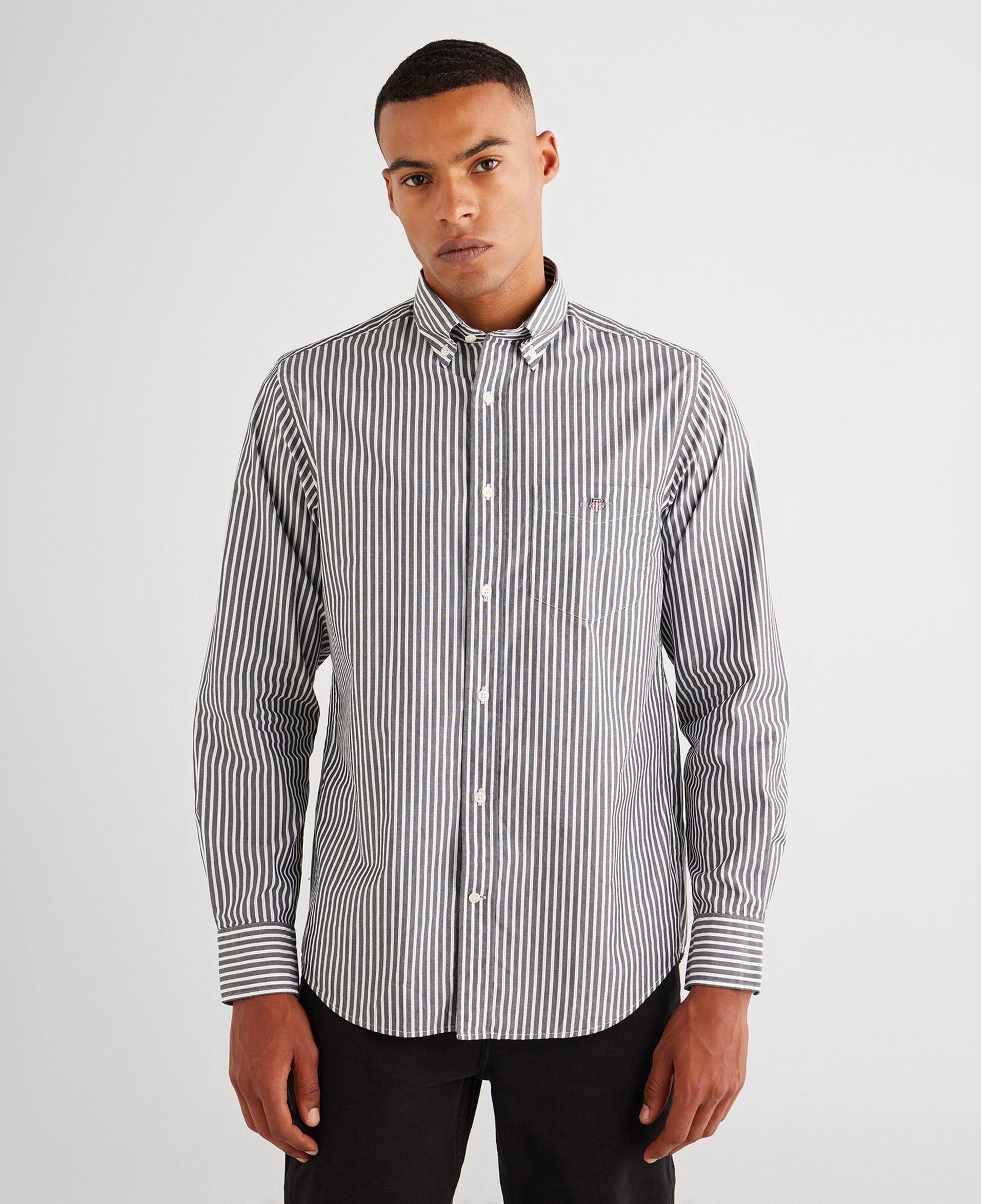 GANT Erkek Siyah Regular Fit Düğmeli Yaka Çizgili Poplin Gömlek