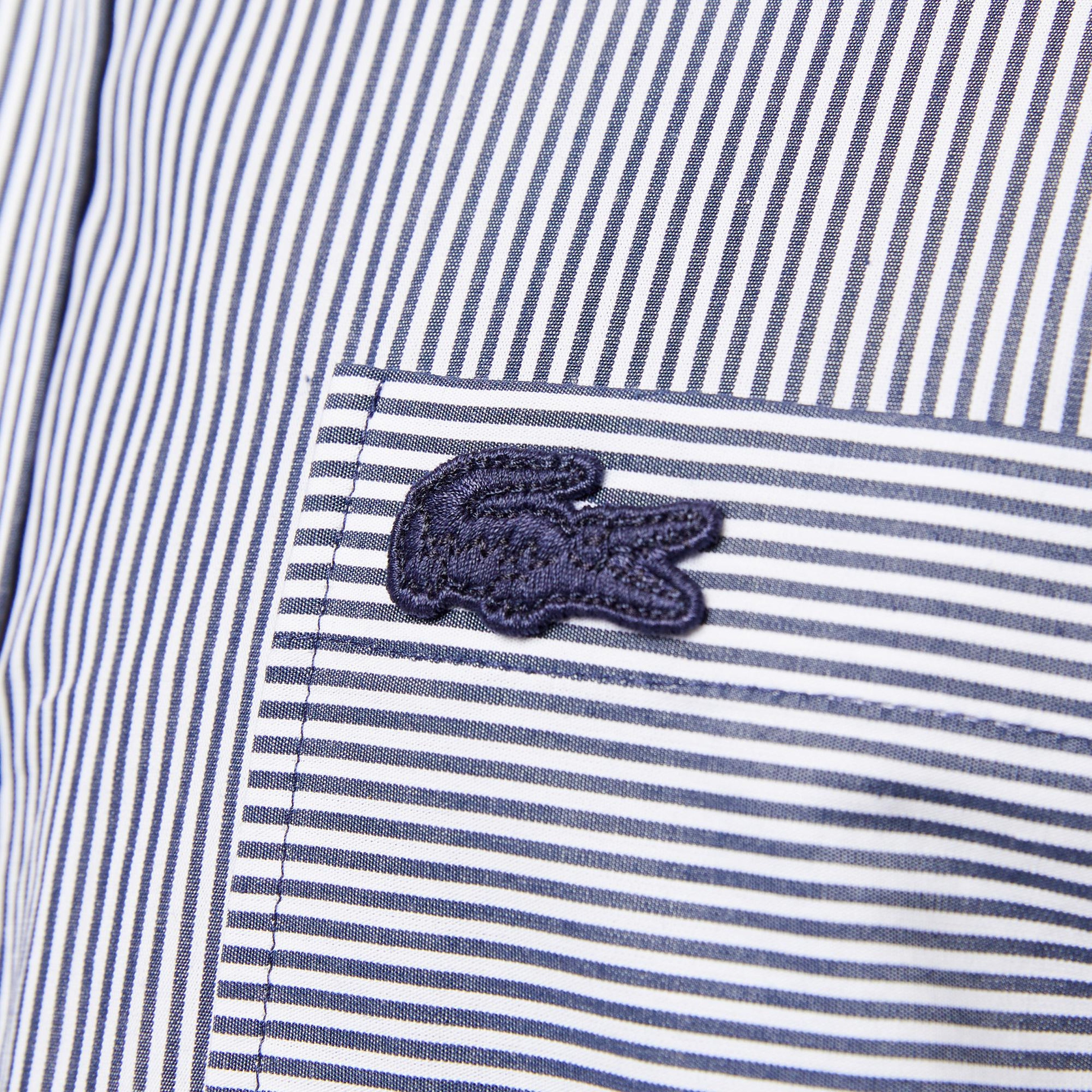 Erkek Relaxed Fit Düğmeli Yaka Çizgili Mavi Gömlek