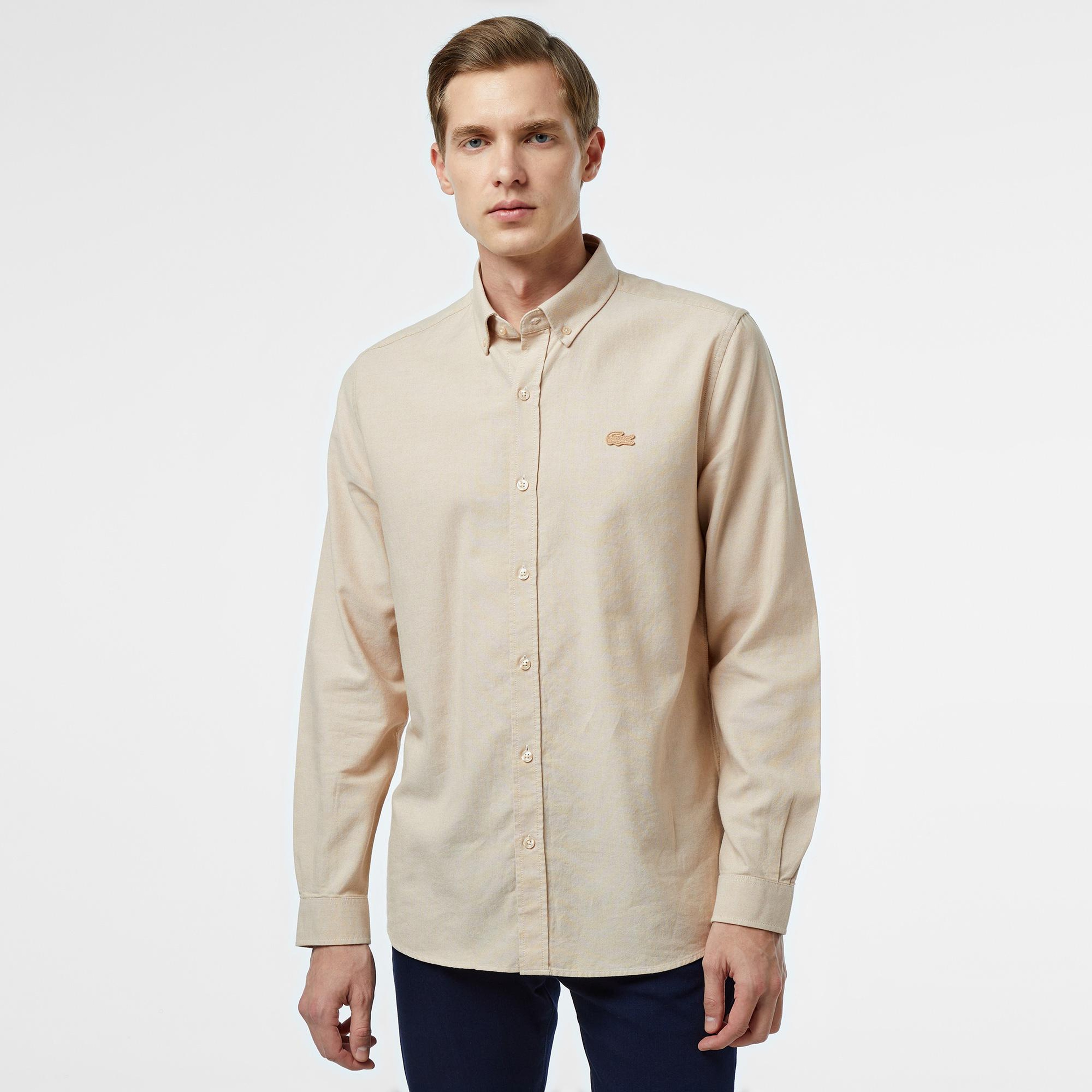 Erkek Slim Fit Düğmeli Yaka Bej Gömlek