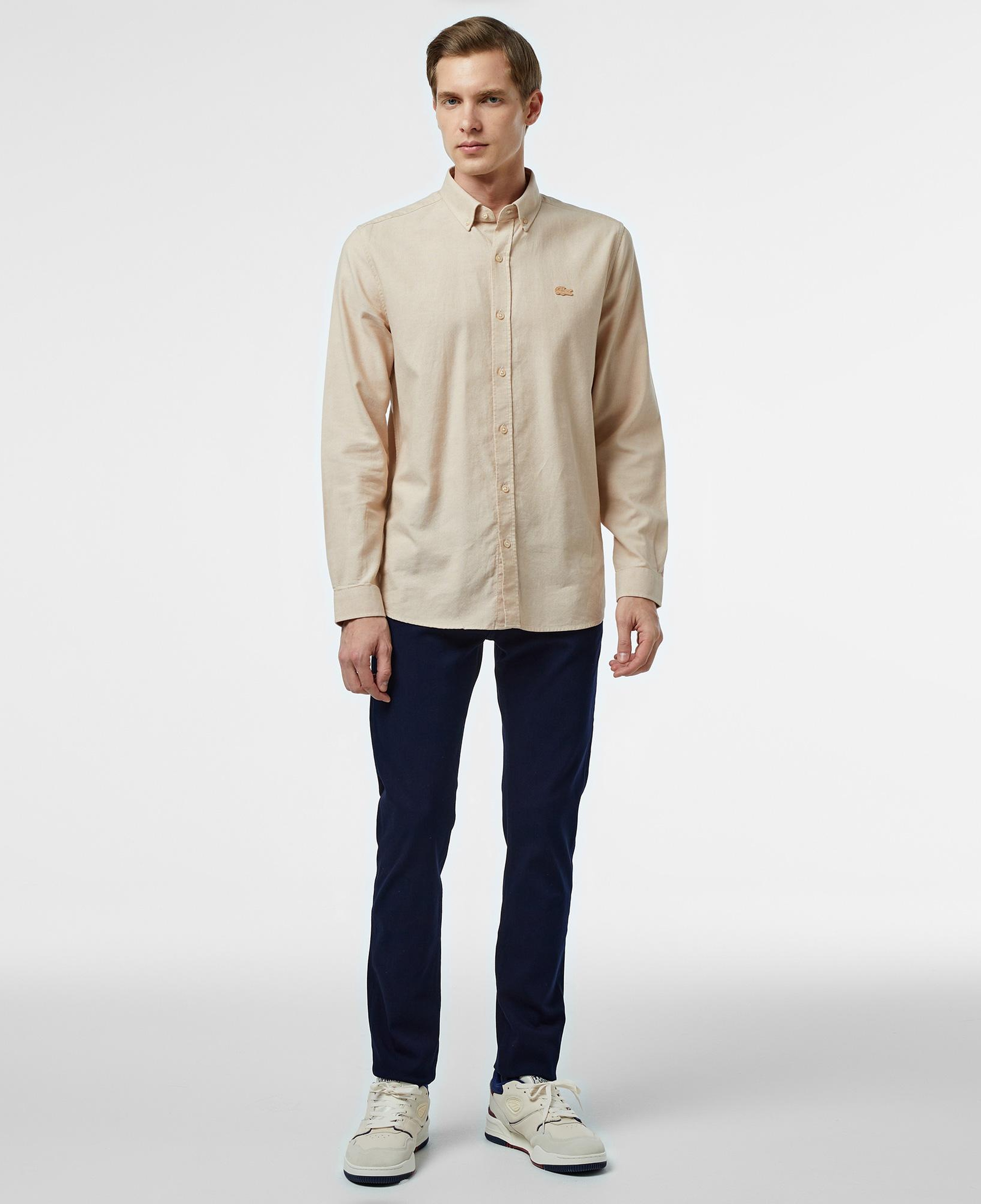 Erkek Slim Fit Düğmeli Yaka Bej Gömlek
