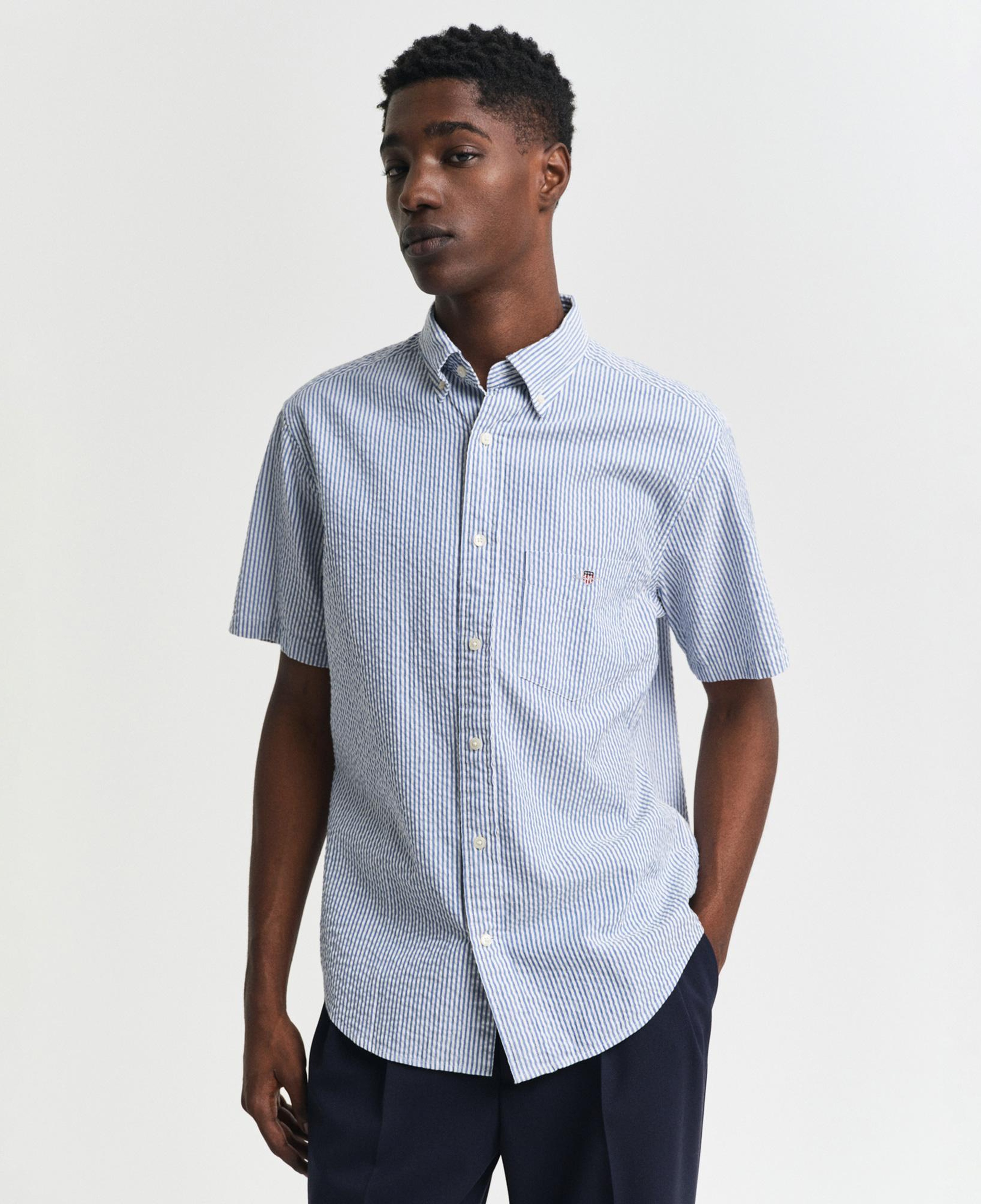 GANT Erkek Lacivert Regular Fit Düğmeli Yaka Çizgili Gömlek