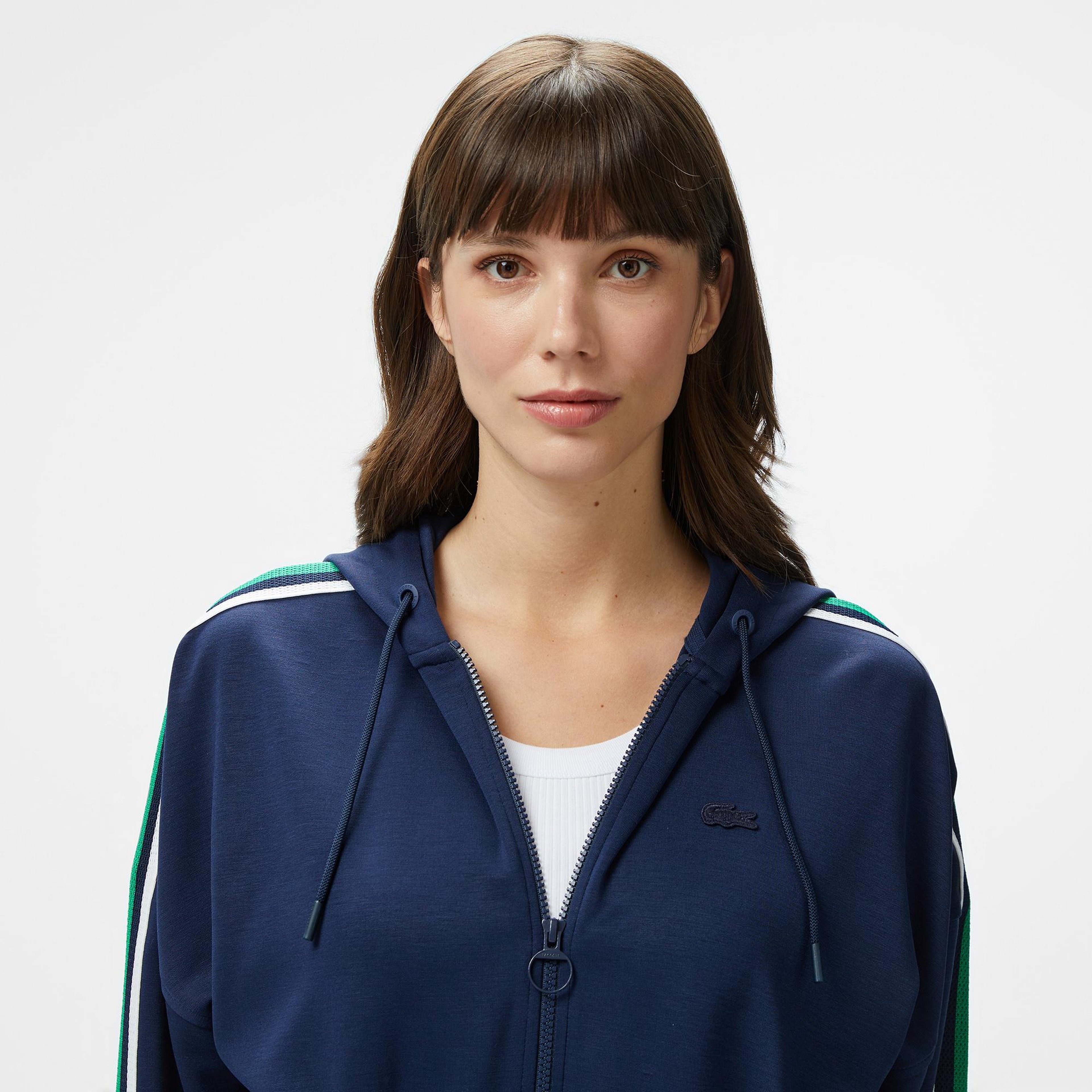 Kadın Crop Fit Fermuarlı Renk Bloklu Lacivert Modal Karışımlı Sweatshirt