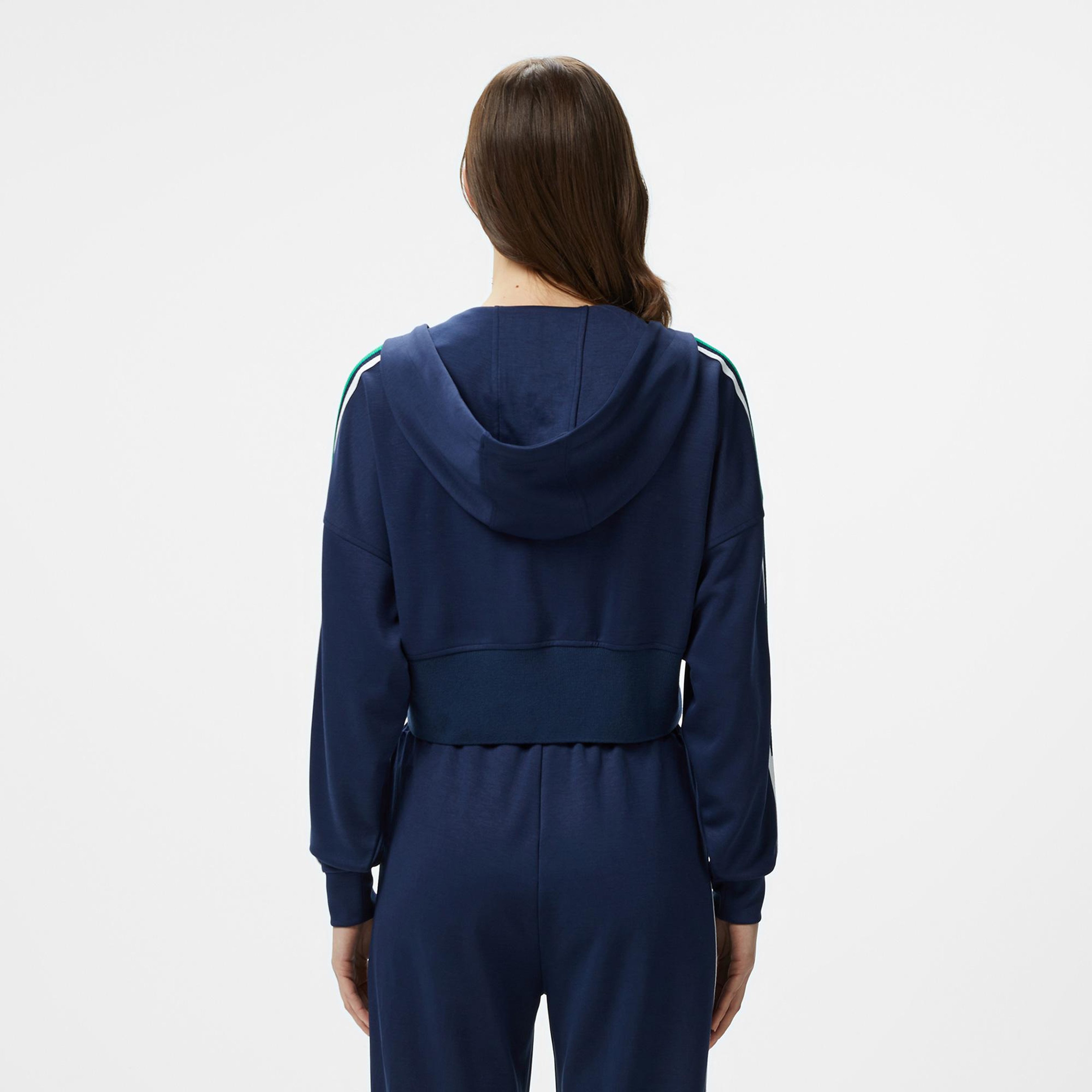 Kadın Crop Fit Fermuarlı Renk Bloklu Lacivert Modal Karışımlı Sweatshirt