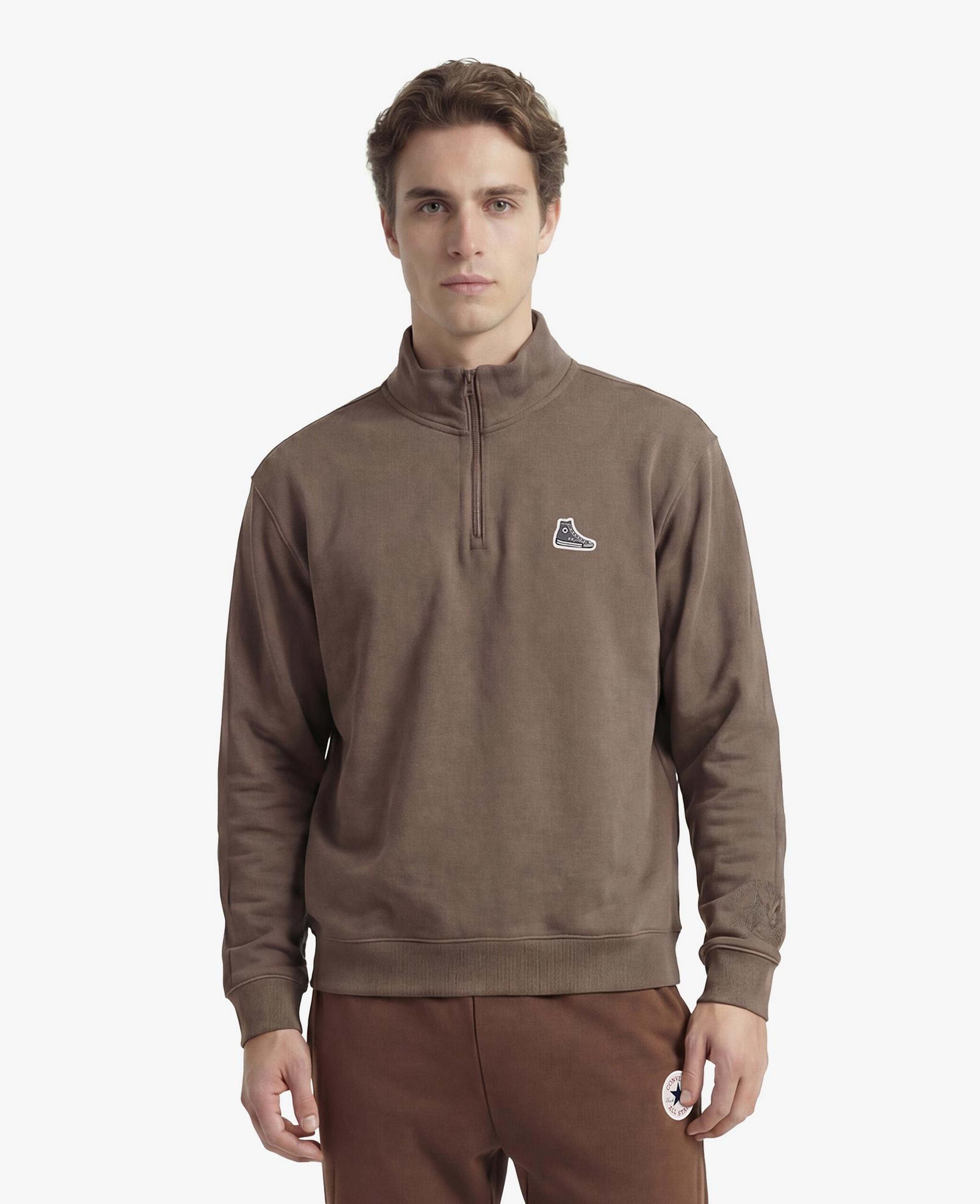 Converse Sneaker Logo Loose Fit Yarım Fermuarlı Erkek Kahverengi Sweatshirt