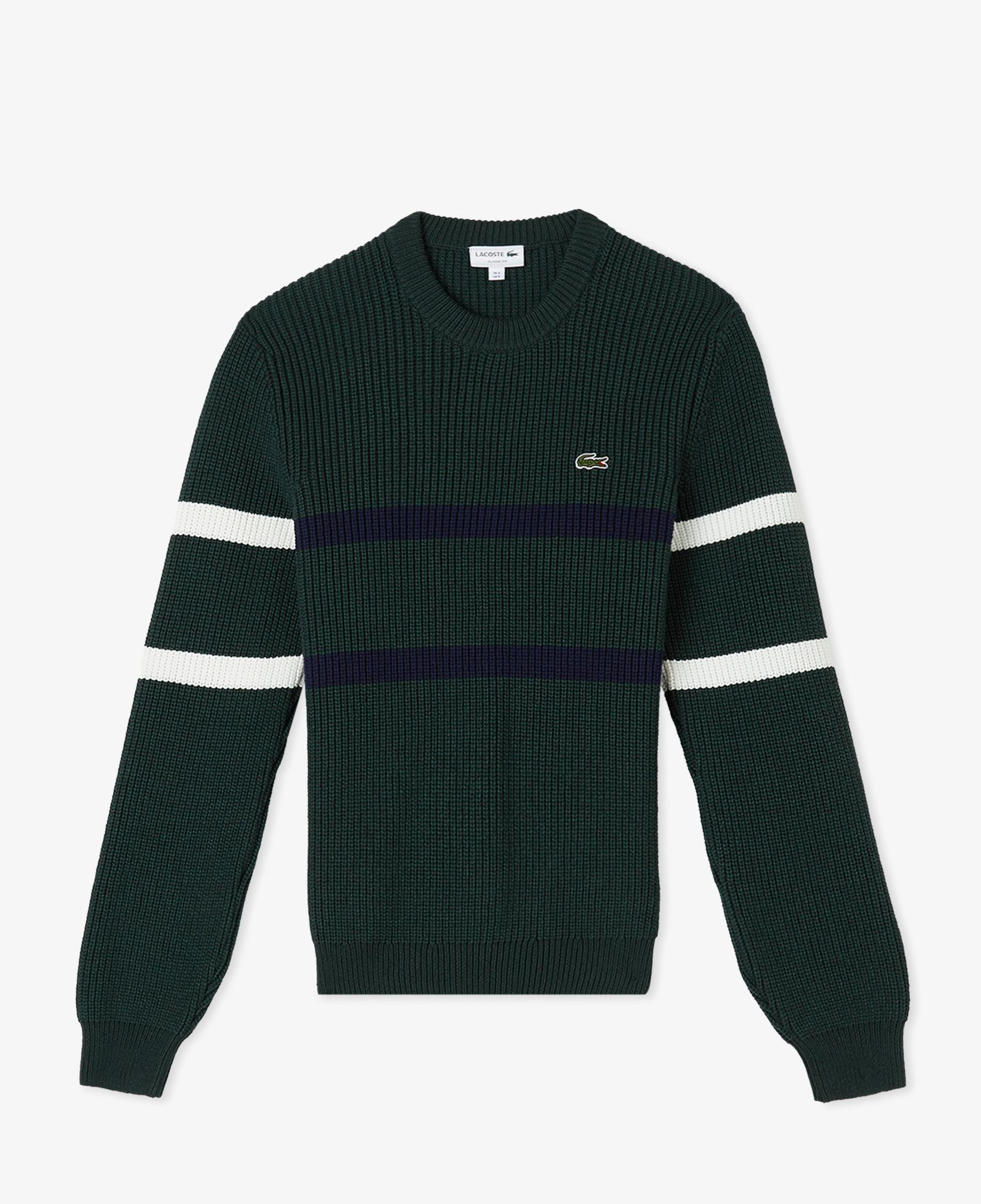 Erkek Relaxed Fit Bisiklet Yaka Çizgili Koyu Yeşil Kazak