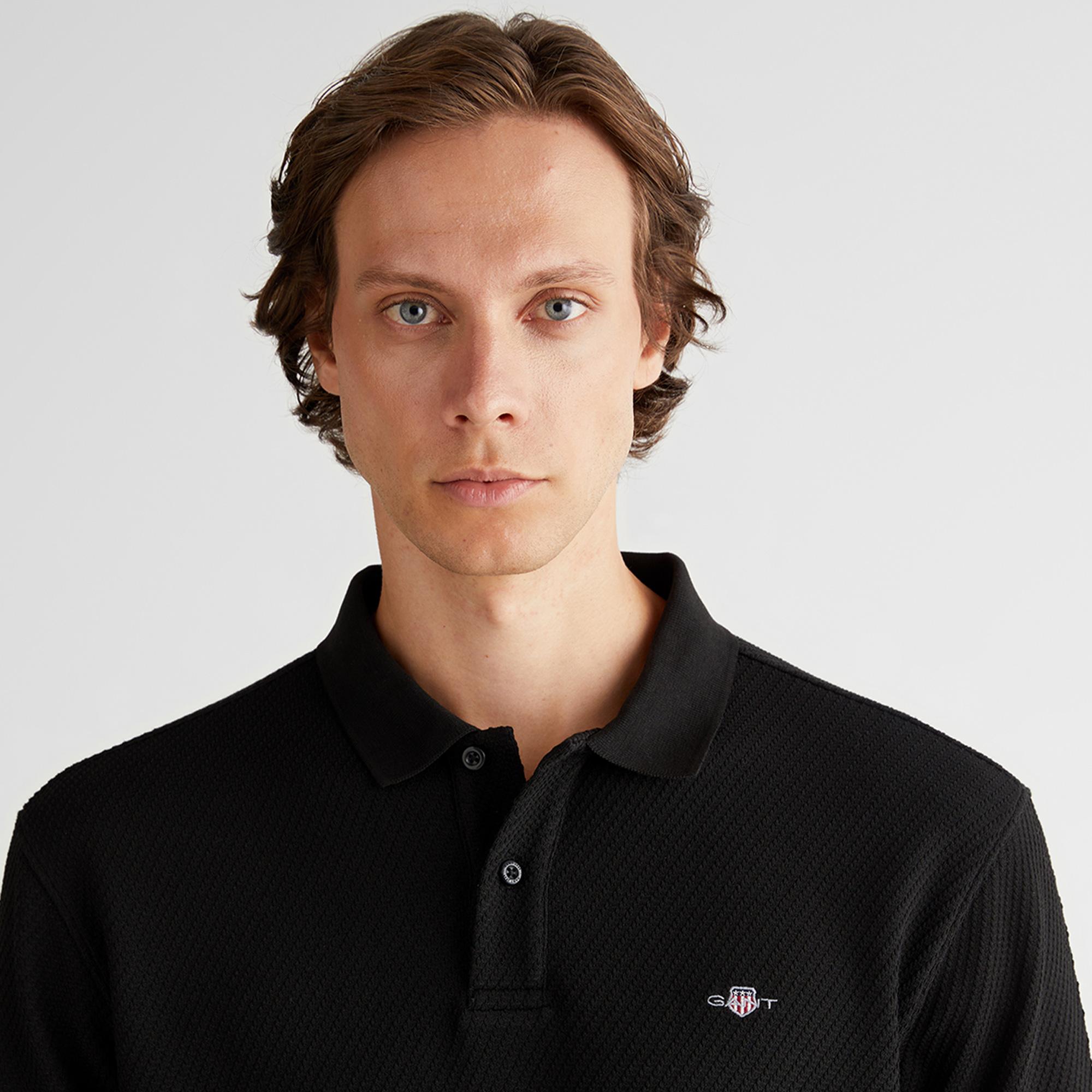 GANT Erkek Siyah Relaxed Fit Polo Yaka Uzun Kollu T-Shirt