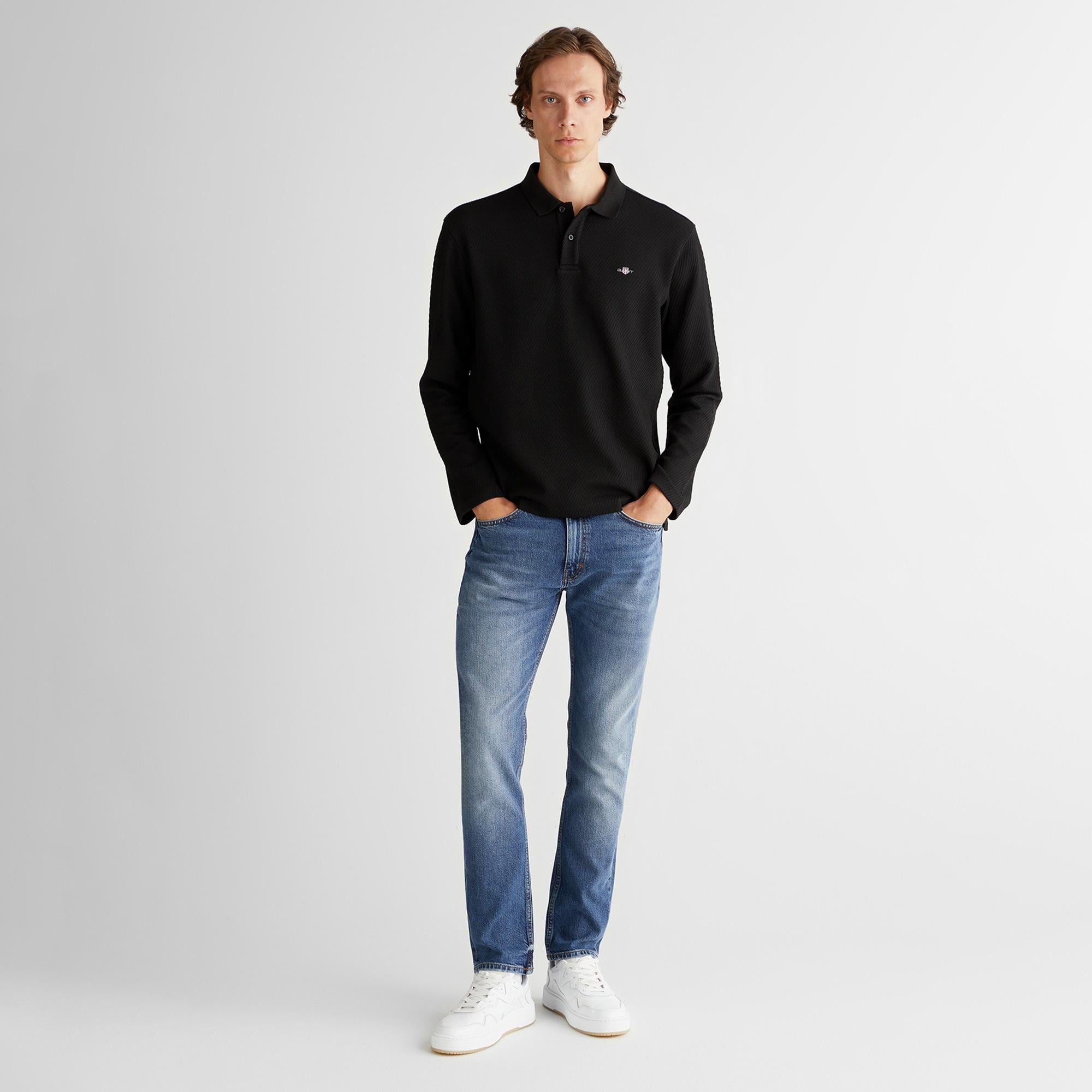 GANT Erkek Siyah Relaxed Fit Polo Yaka Uzun Kollu T-Shirt